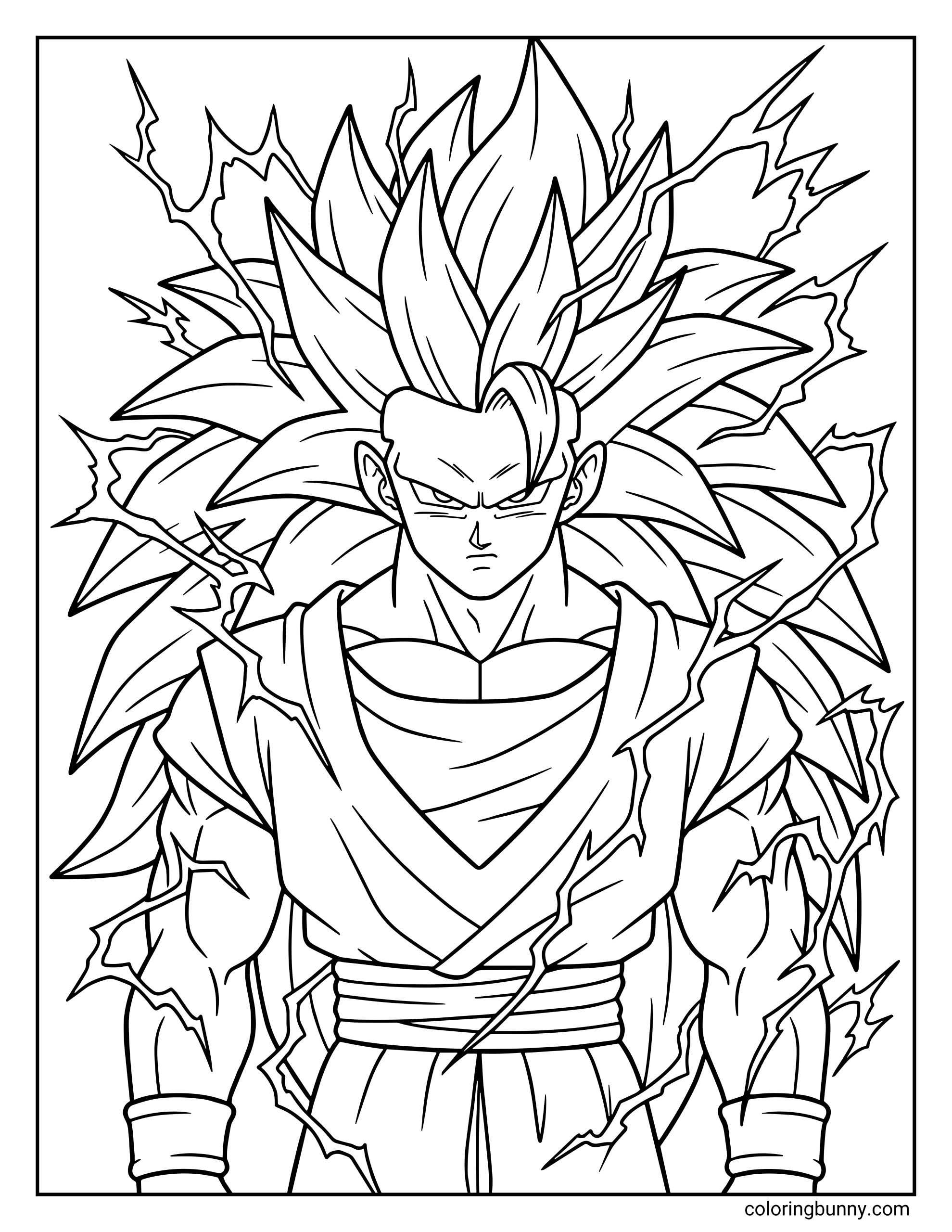 A Dragon Ball Z coloring page featuring Goku in his Super Saiyan 3 form, shown with extremely long flowing hair and lightning crackling around his powerful aura. The close-up portrait highlights his intense expression and towering Saiyan power as energy surges around him.