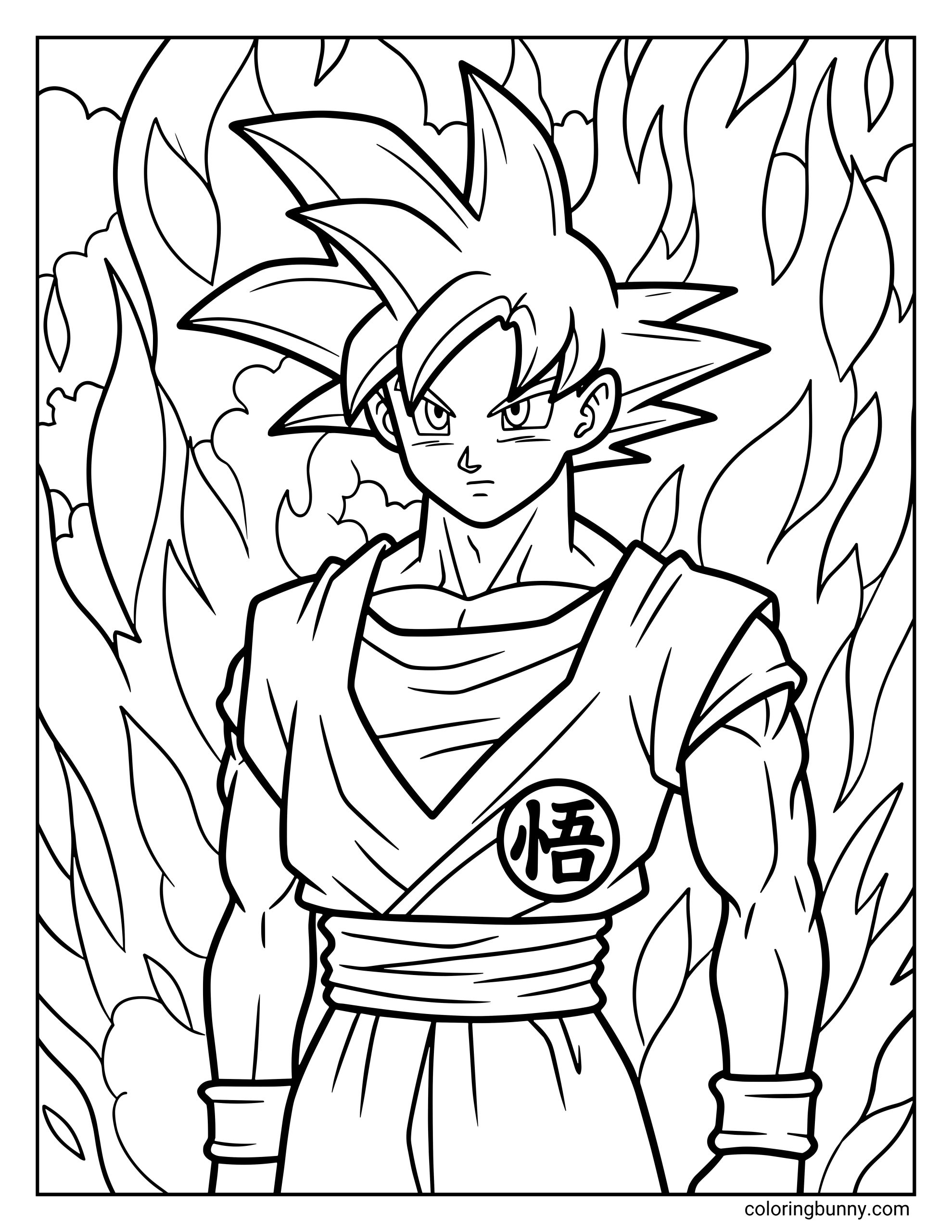 A Dragon Ball Super coloring page featuring Goku standing calmly in his Super Saiyan God form, surrounded by a blazing aura of energy flames. The portrait shows Goku’s focused expression, spiky hair, and martial arts gi with the kanji symbol on his chest as his godly power radiates around him.