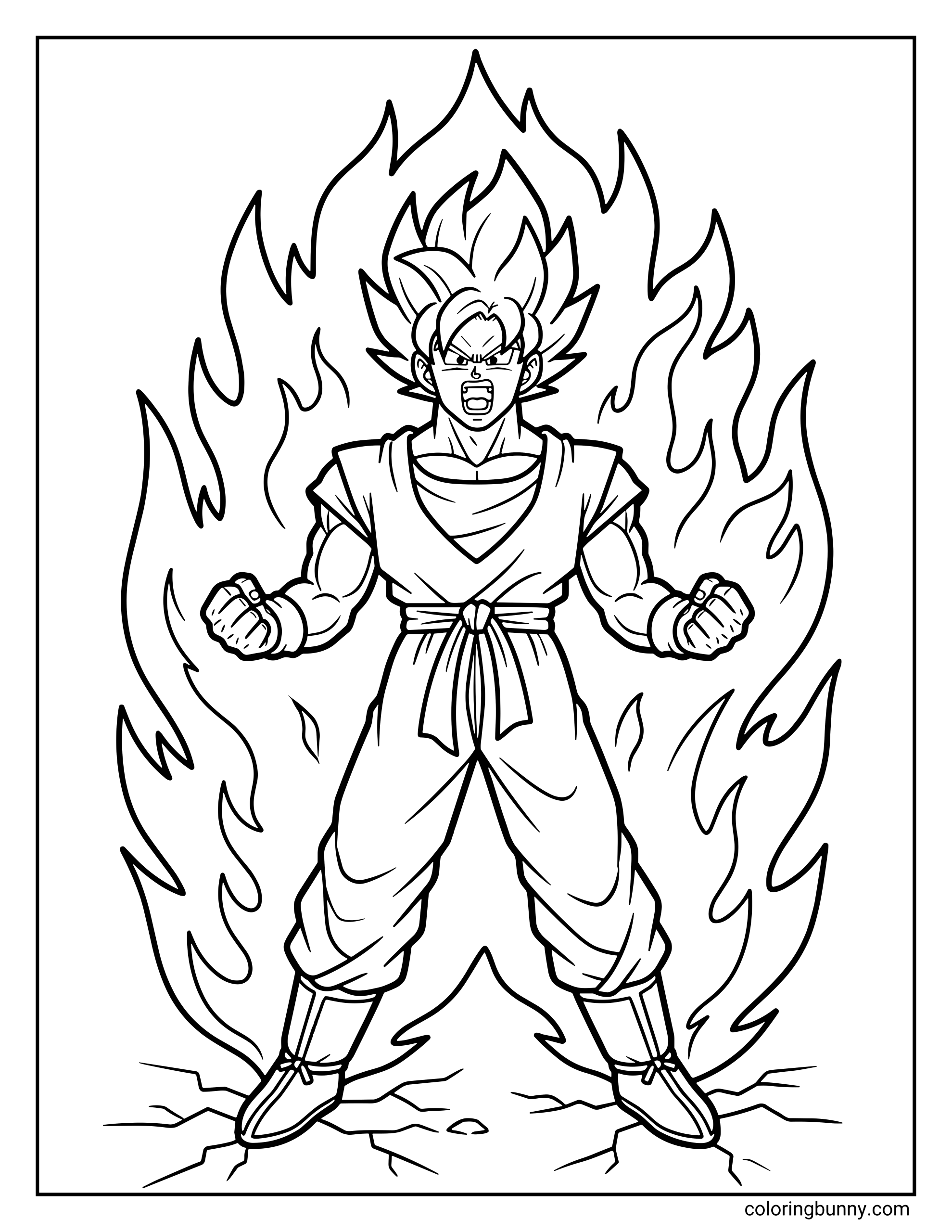A Goku coloring page in his Super Saiyan form, standing with clenched fists and spiky hair as a large energy aura blazes around him. Cracks form in the ground beneath his boots as his power surges upward, capturing the intense moment when Goku unleashes his legendary Saiyan strength.