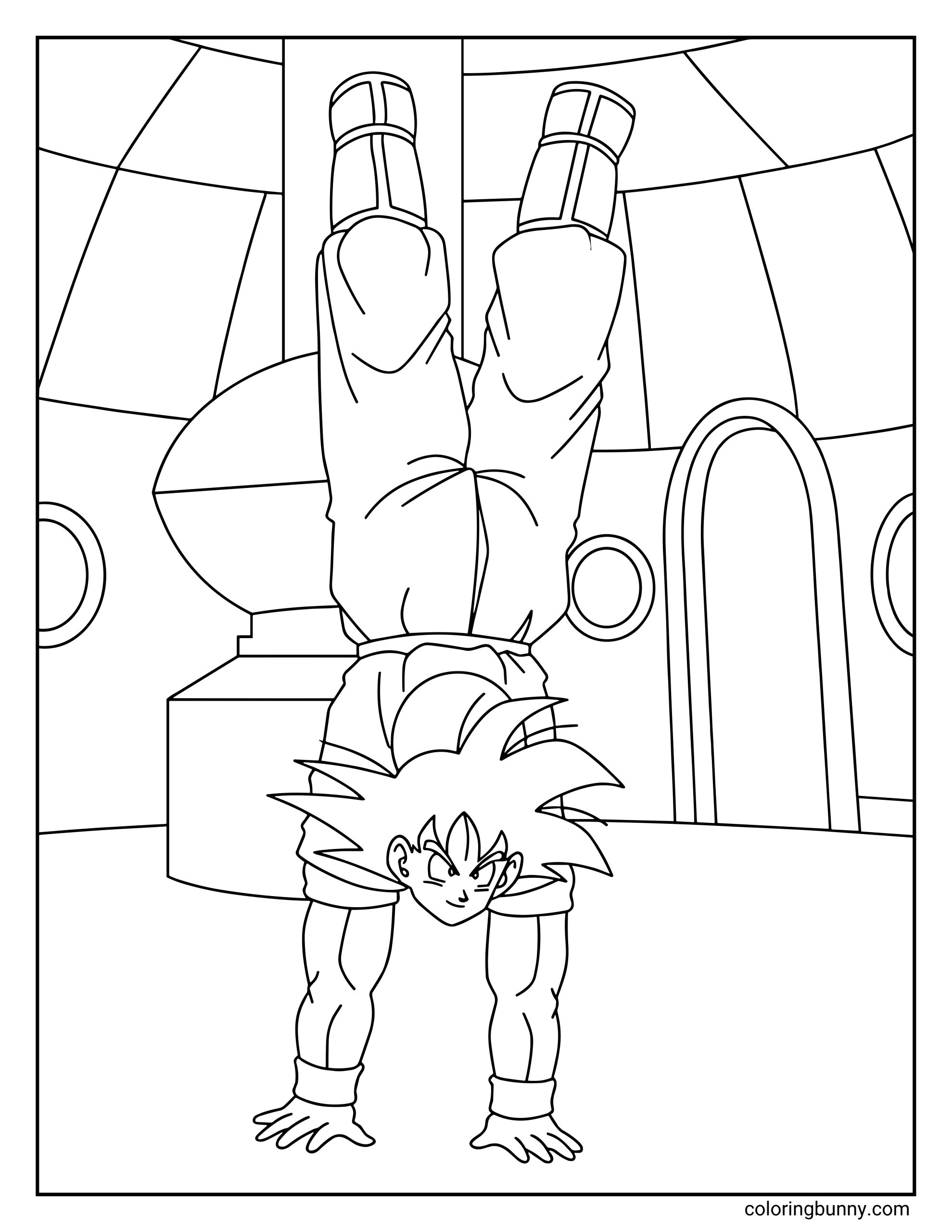 A Dragon Ball Z coloring page featuring Goku training upside down in a handstand inside a futuristic chamber. The Saiyan warrior balances on his hands while practicing intense training exercises in an advanced training facility.