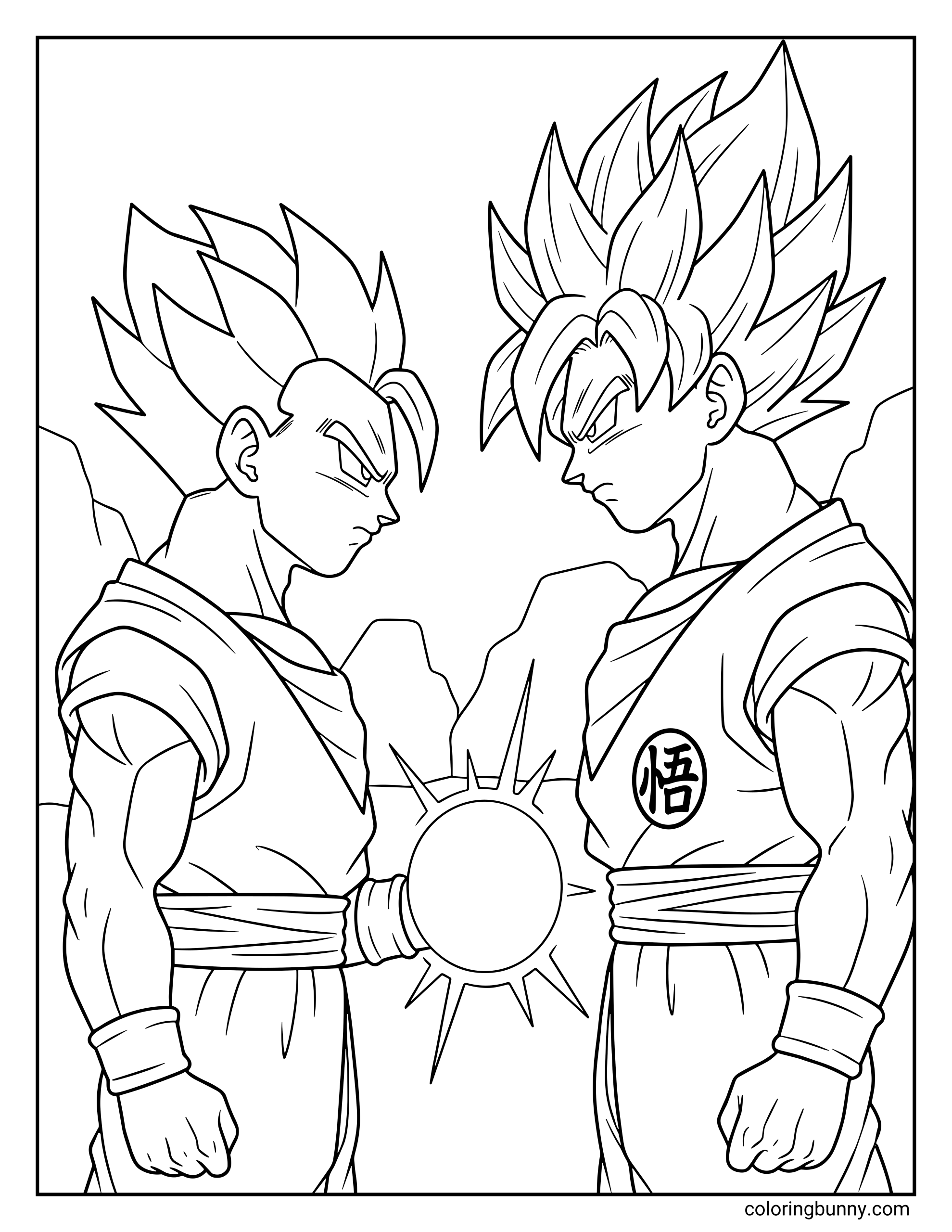 A Dragon Ball Z coloring page featuring Goku and Gohan facing each other with a glowing energy sphere between them. The father and son stand ready for battle with mountains behind them.