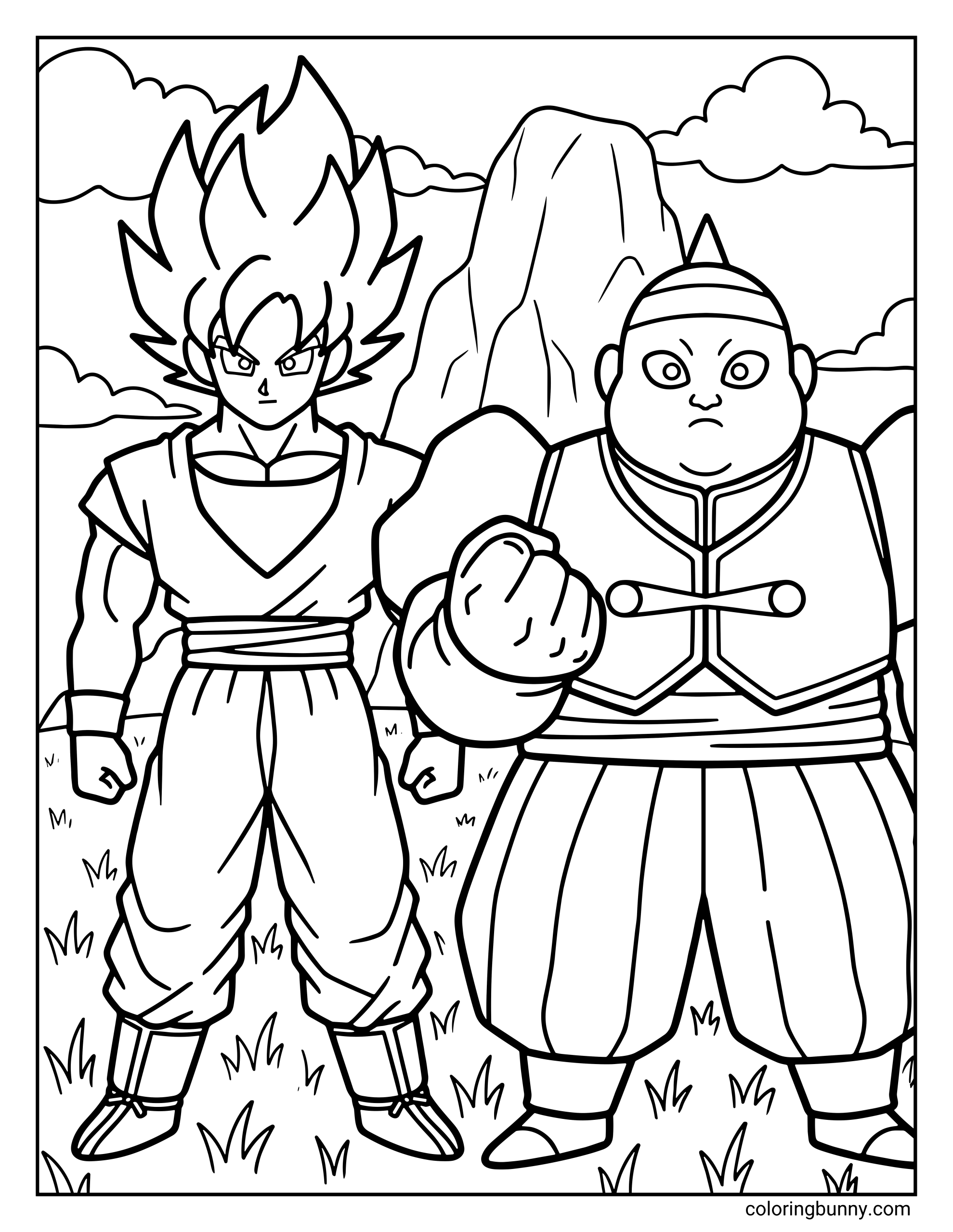 A Dragon Ball Z coloring page showing Goku facing Android 19 as the two stand ready for battle in a rocky landscape. Goku stands confidently with his fists clenched while Android 19 raises his mechanical arm, preparing to attack during their early clash in the Android Saga.