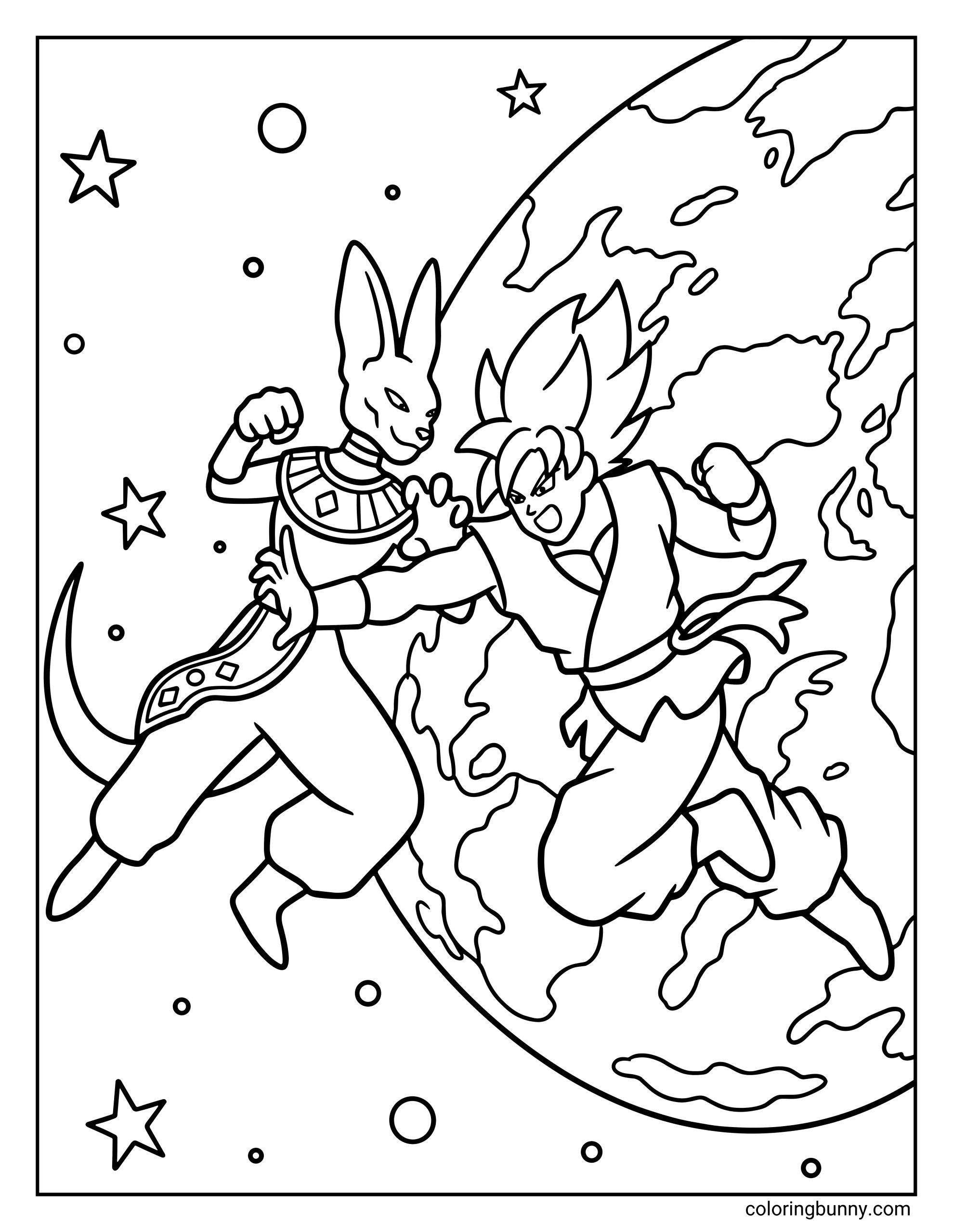 A Dragon Ball coloring page showing Goku battling Beerus the God of Destruction while flying through space with Earth visible behind them. Goku charges forward with a punch while Beerus calmly prepares to counter, capturing a dramatic moment from their cosmic battle among the stars.