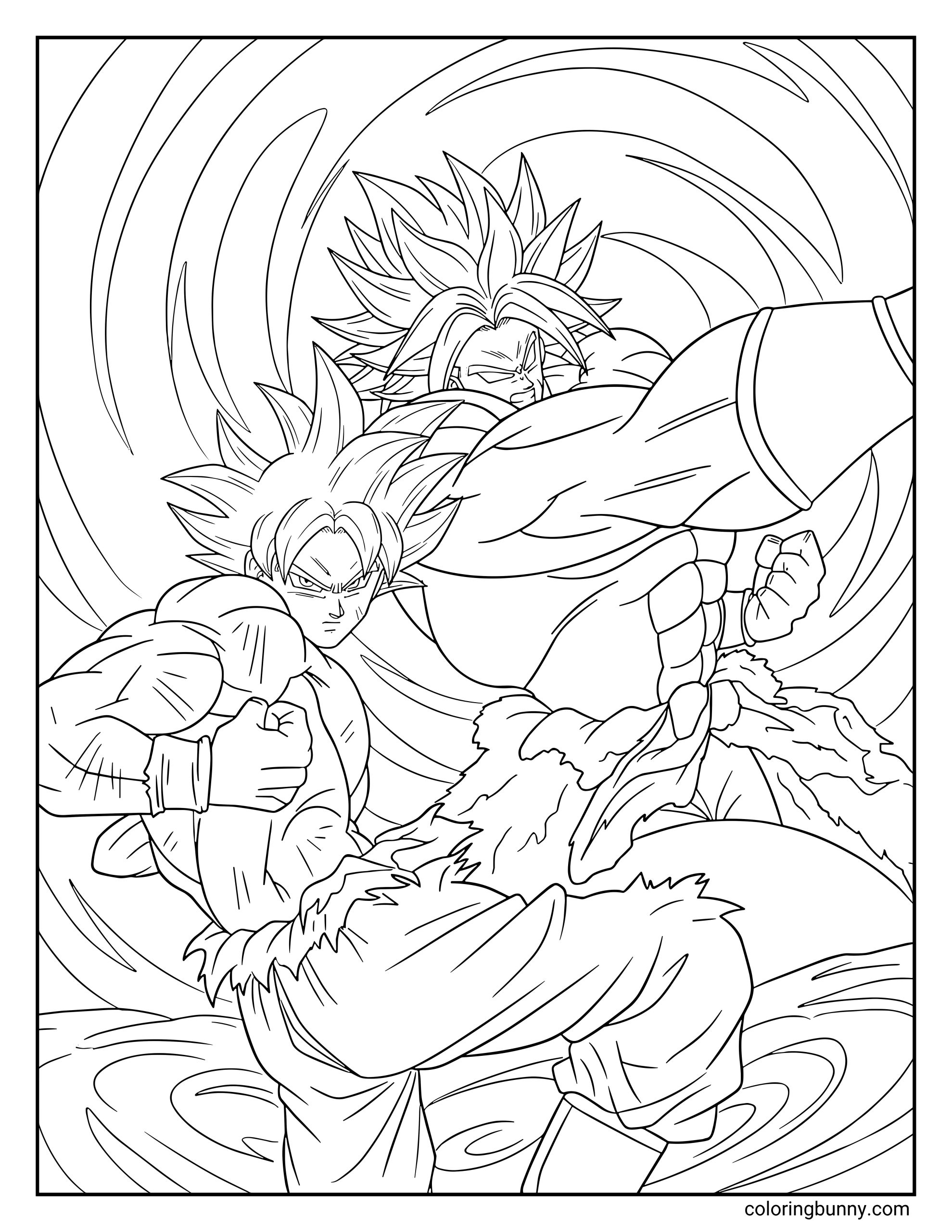 A Dragon Ball coloring page showing Goku battling the legendary Saiyan Broly as the two powerful warriors clash in a swirling storm of energy. Goku braces himself while Broly launches a massive attack, their intense fight surrounded by powerful aura waves and explosive motion.