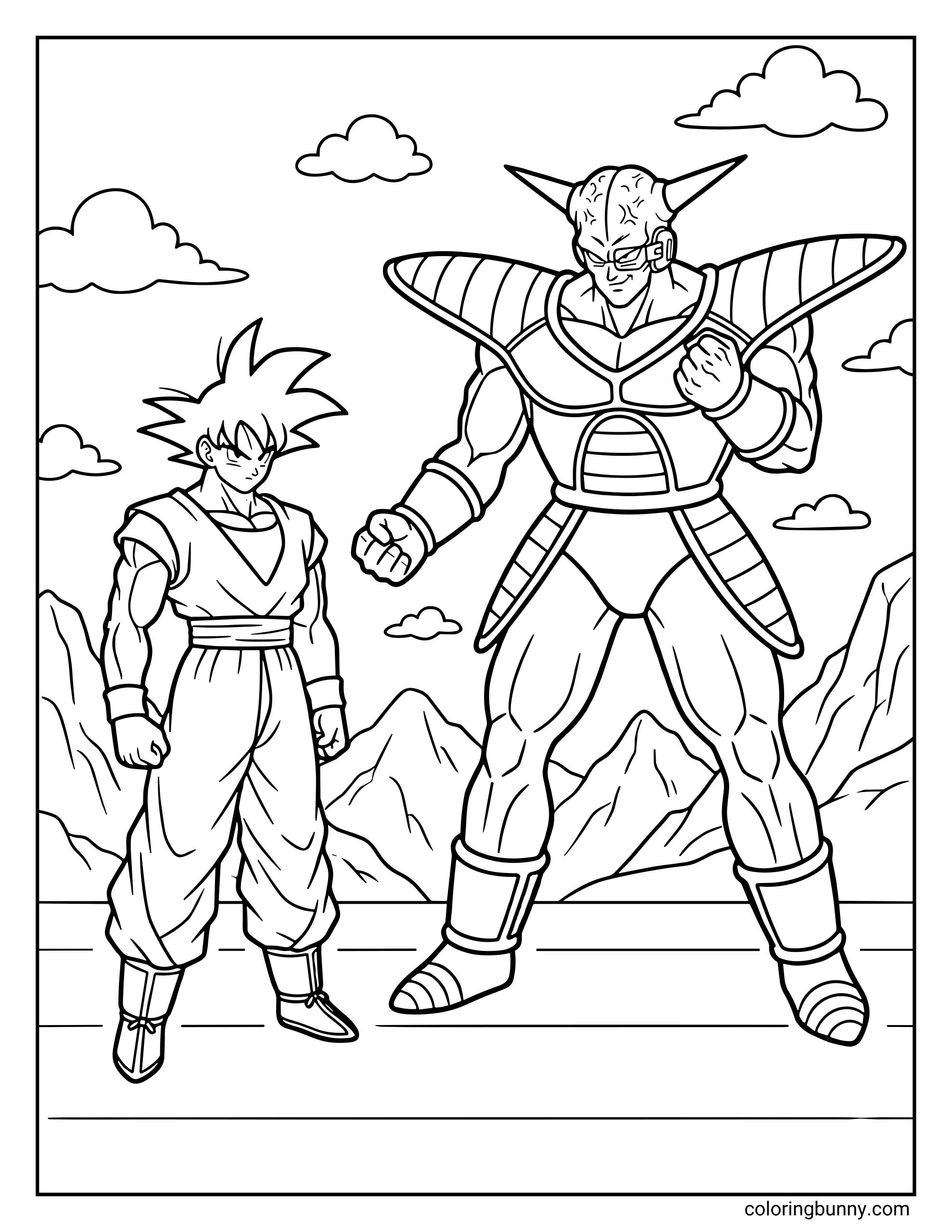 A Dragon Ball Z coloring page featuring Goku facing off against Captain Ginyu of the Ginyu Force, with the two warriors standing on rocky ground surrounded by mountains and clouds. Goku stands calmly with a determined expression while the towering Captain Ginyu raises his fist, preparing for battle in his iconic Saiyan-style armor and scouter.