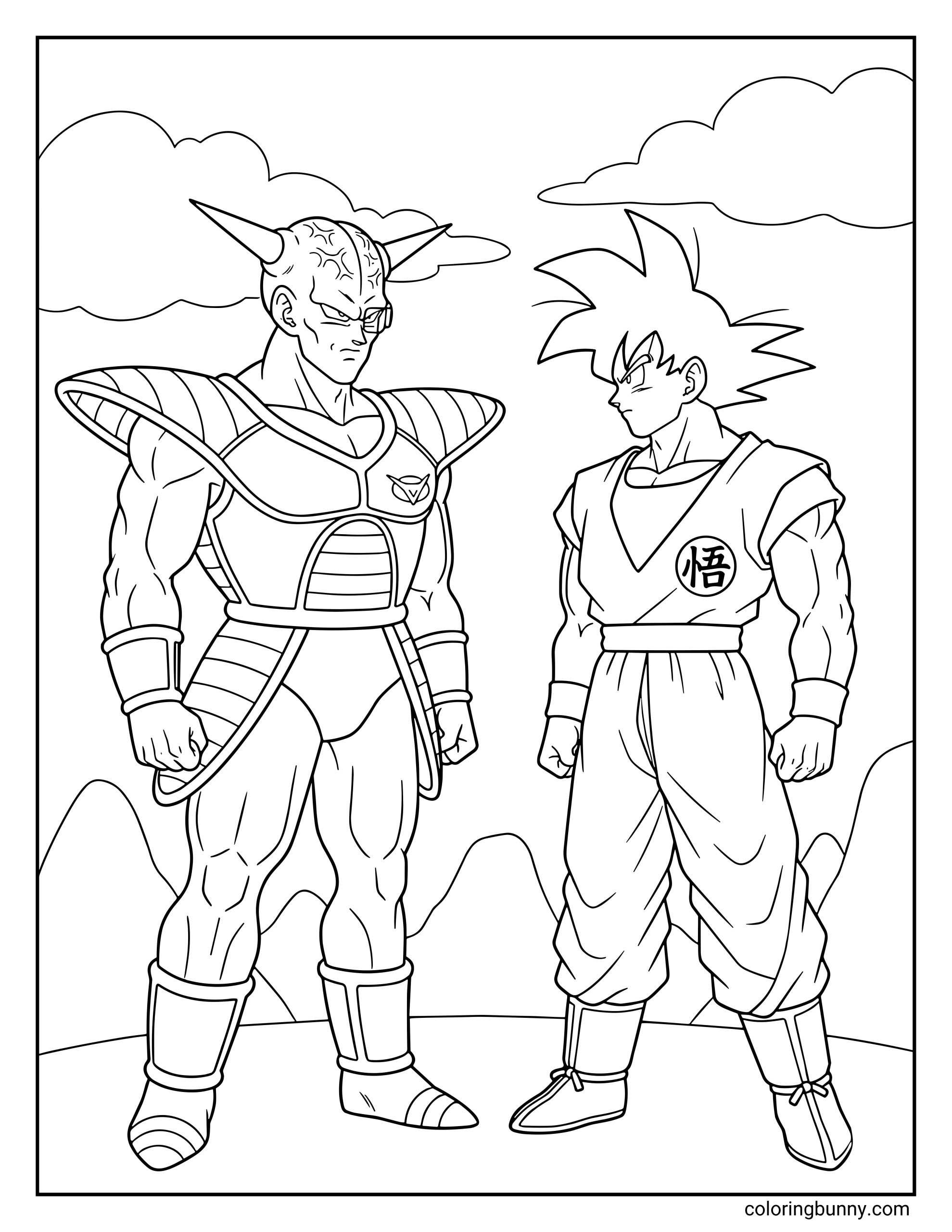 A Dragon Ball Z coloring page featuring Goku facing Captain Ginyu in a tense standoff. The Saiyan hero and the leader of the Ginyu Force stand ready for battle with mountains and clouds behind them.