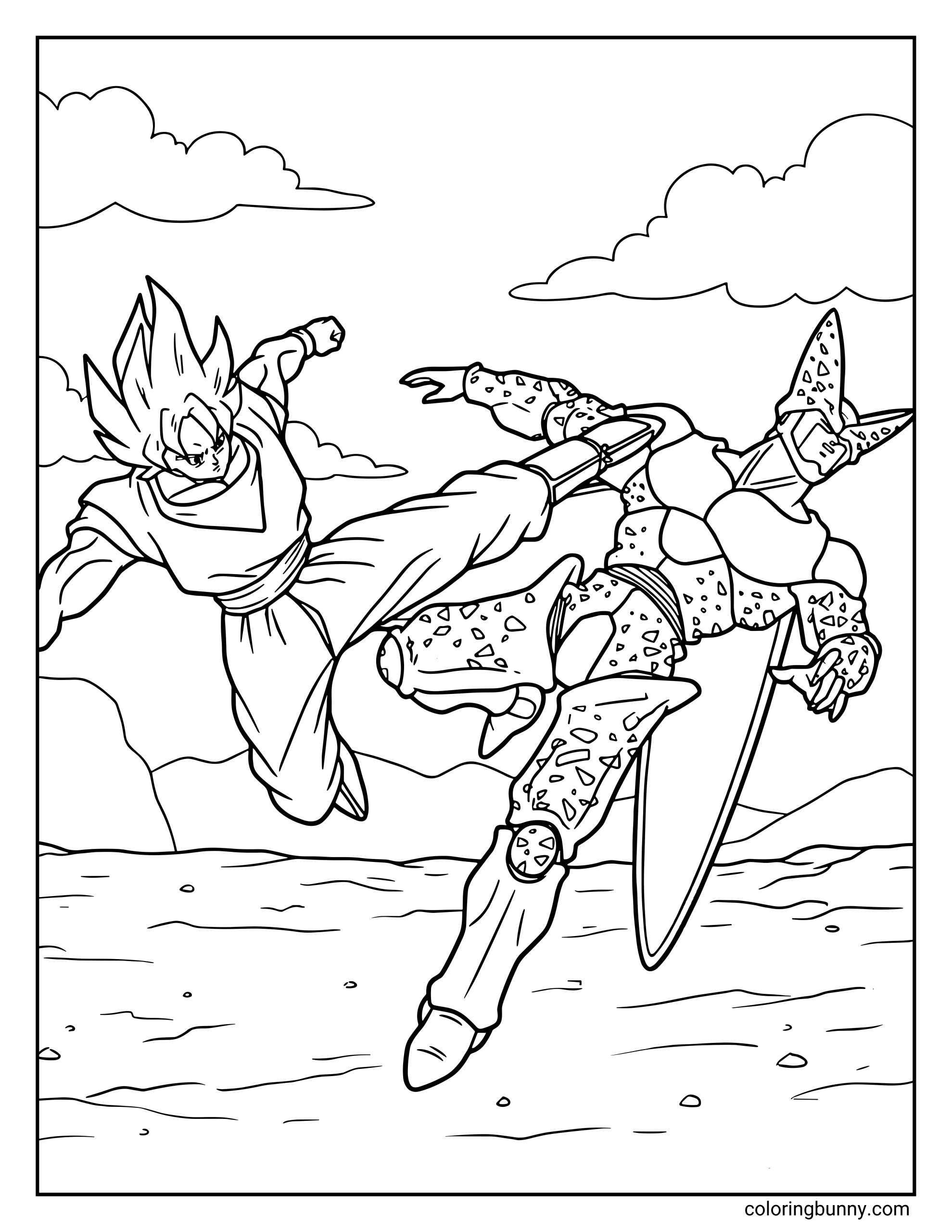 A Dragon Ball Z coloring page featuring Goku delivering a powerful flying kick to Cell during their intense battle. The two fighters clash mid-air with clouds and rocky terrain behind them, capturing a dramatic moment from the Cell Games tournament.