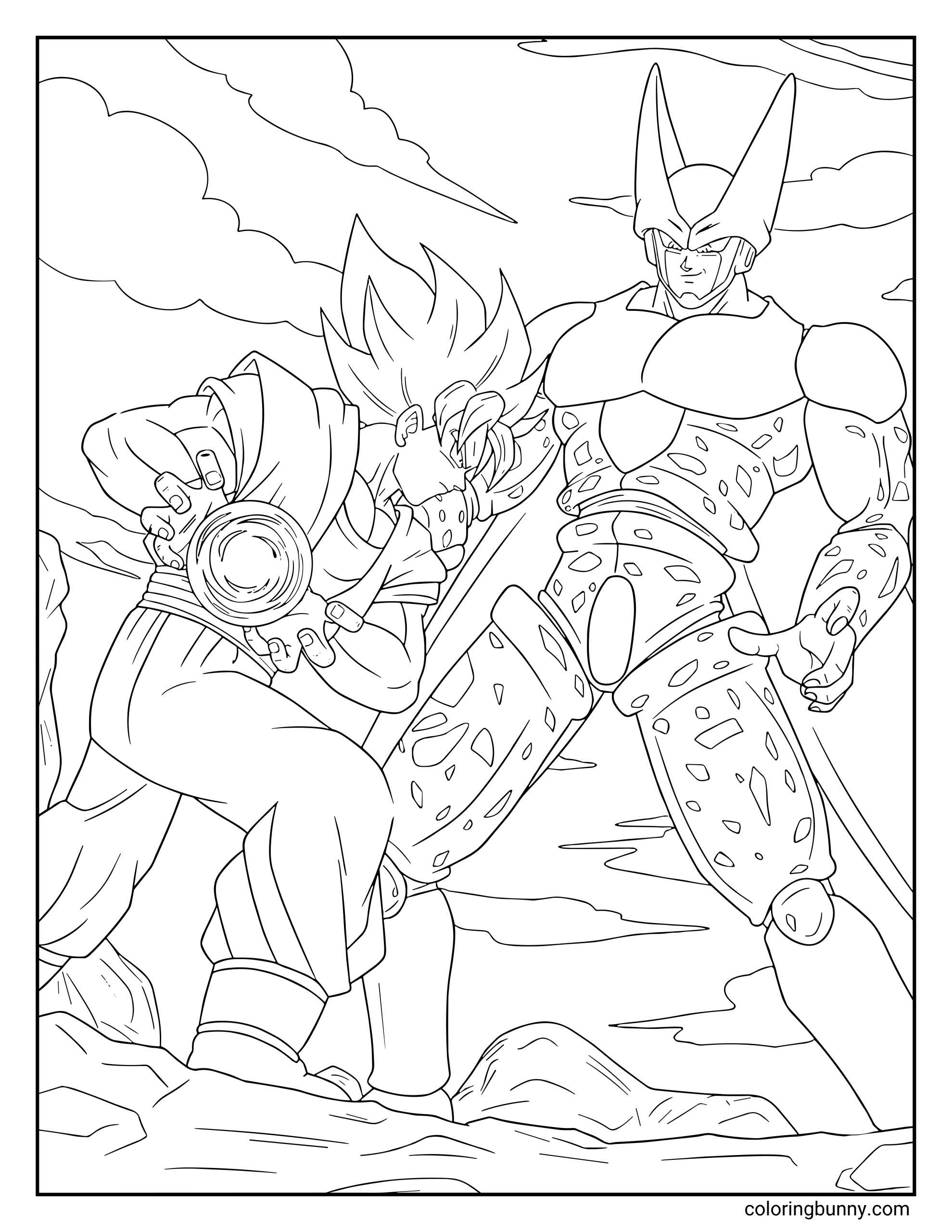 A Dragon Ball Z coloring page featuring Goku preparing a Kamehameha attack against Cell. Goku crouches with an energy sphere forming between his hands while Cell stands confidently nearby on the battlefield.