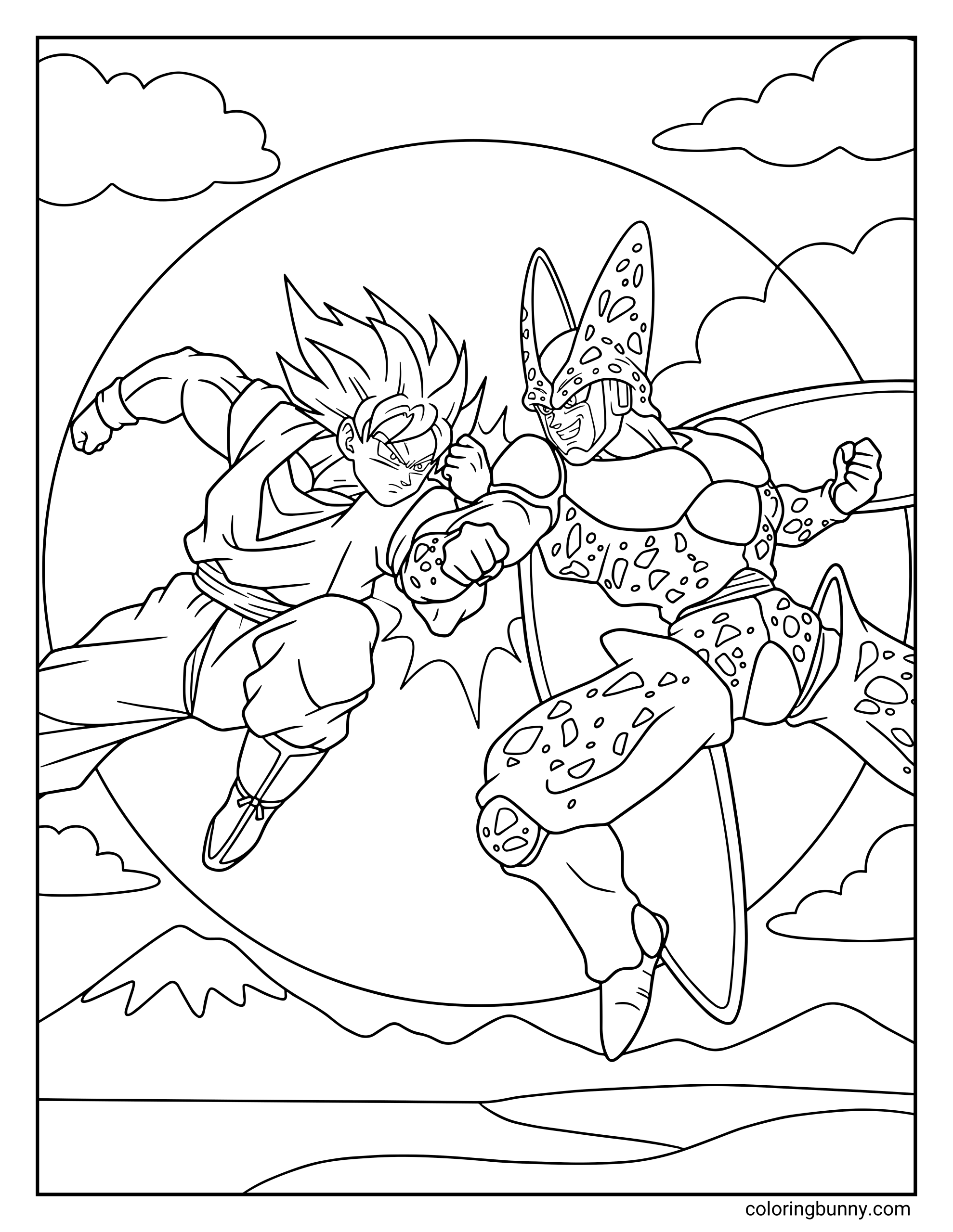 A Dragon Ball Z coloring page showing Goku and Perfect Cell clashing mid-air with powerful punches during the Cell Games battle. Both fighters charge at each other in front of a large glowing backdrop, capturing the dramatic moment when their attacks collide.
