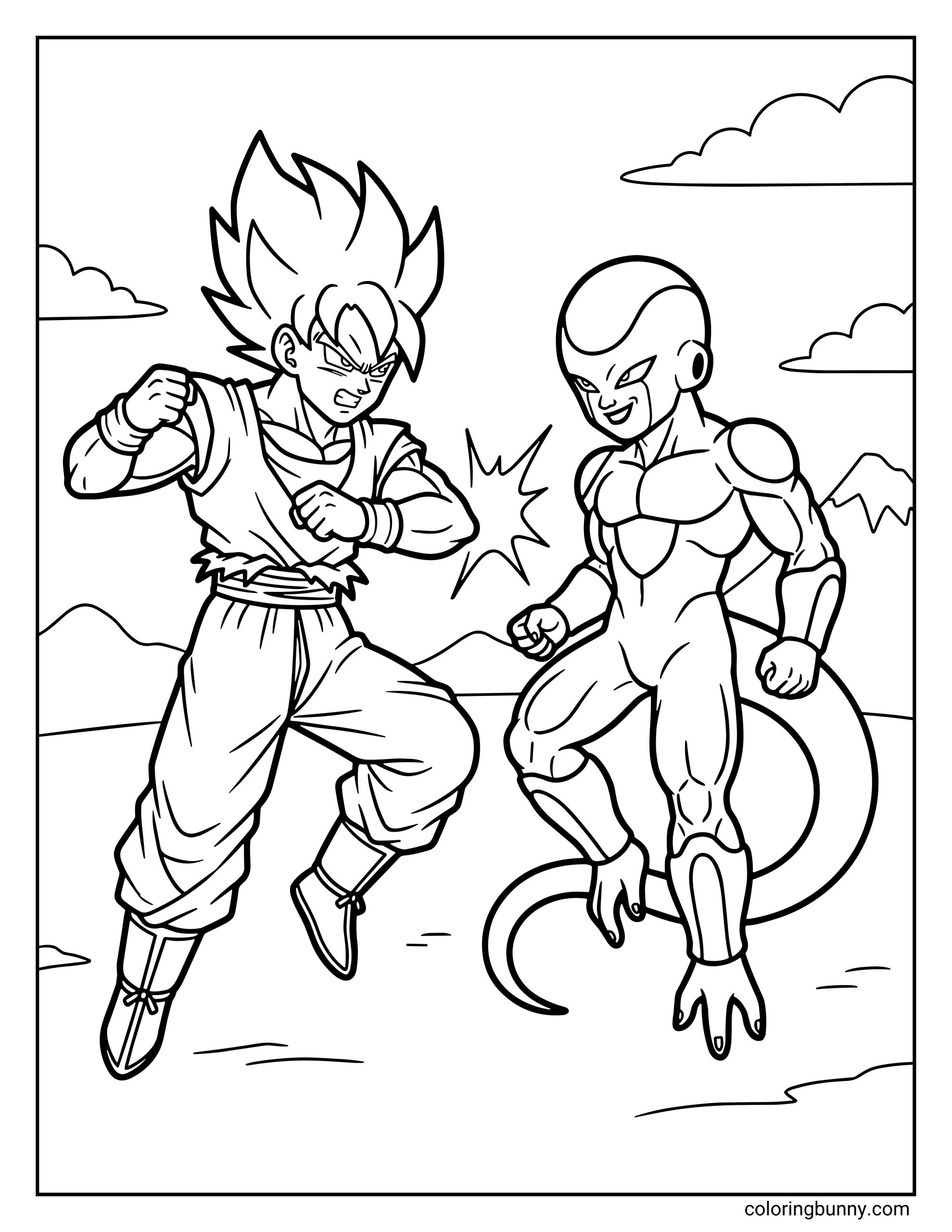 A Dragon Ball Z coloring page featuring Goku battling Frieza, with both fighters mid-air as they exchange powerful punches during their intense showdown. Goku’s spiky hair and determined expression face off against Frieza’s confident smirk, capturing a dramatic moment from their legendary fight on Planet Namek.