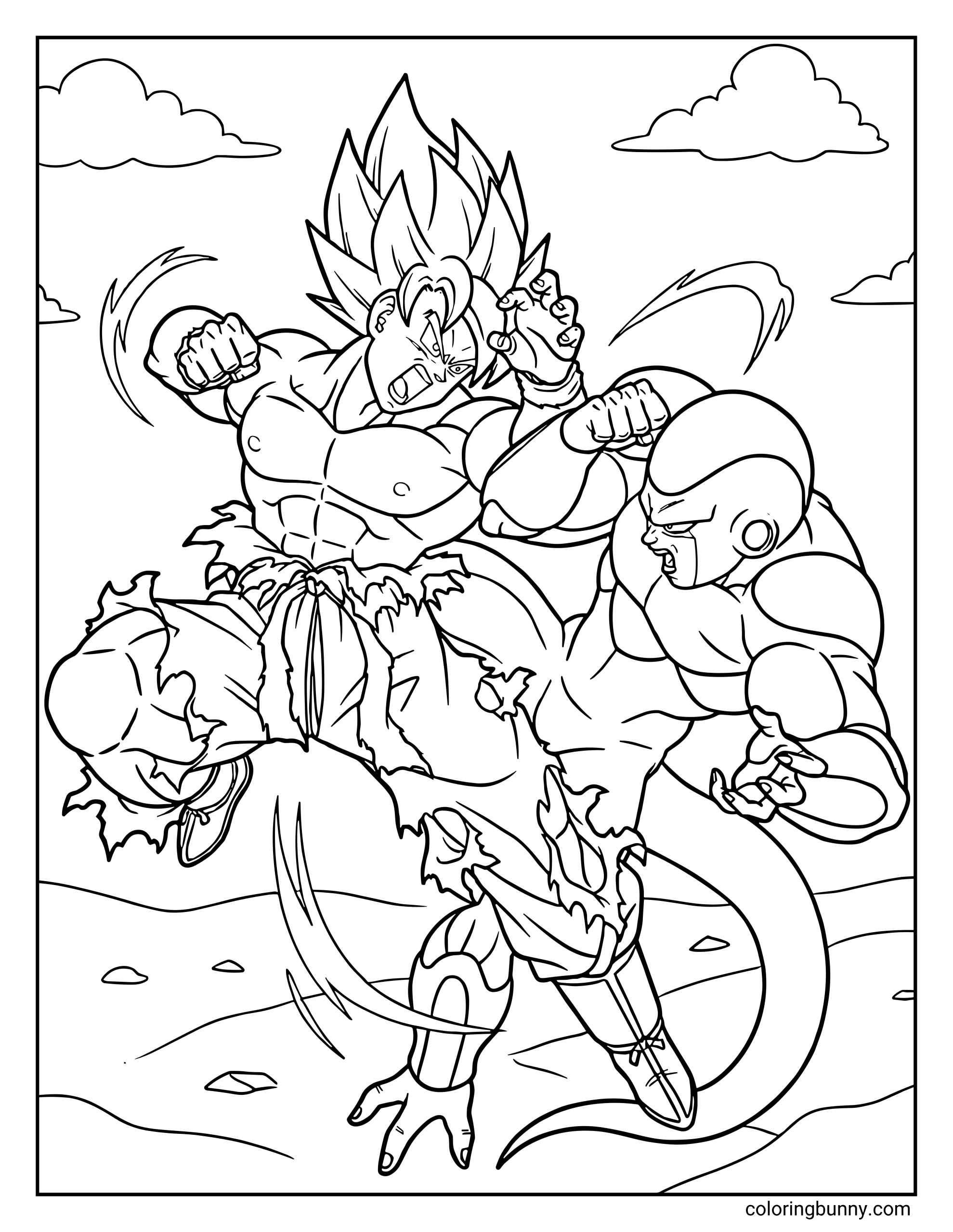 A Dragon Ball Z coloring page showing Goku and Frieza clashing in a fierce mid-air battle during their legendary fight on Planet Namek. Goku, with torn clothing and a powerful stance, throws a punch while Frieza counters with his tail and fist, capturing the intensity of their epic showdown.