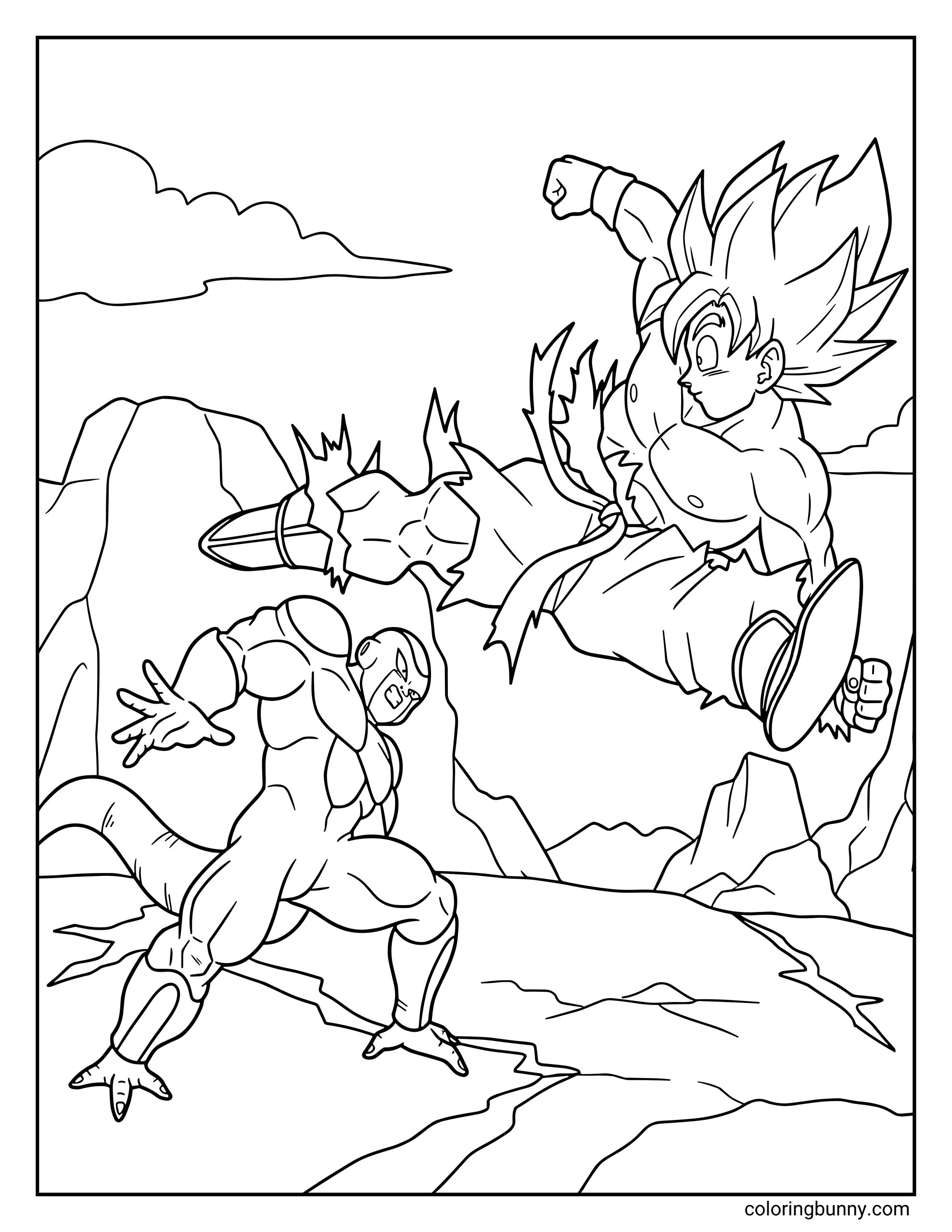 A Dragon Ball Z coloring page featuring Goku attacking Frieza during their battle on Planet Namek. Goku leaps through the air delivering a powerful kick as Frieza prepares to counter on the rocky battlefield.