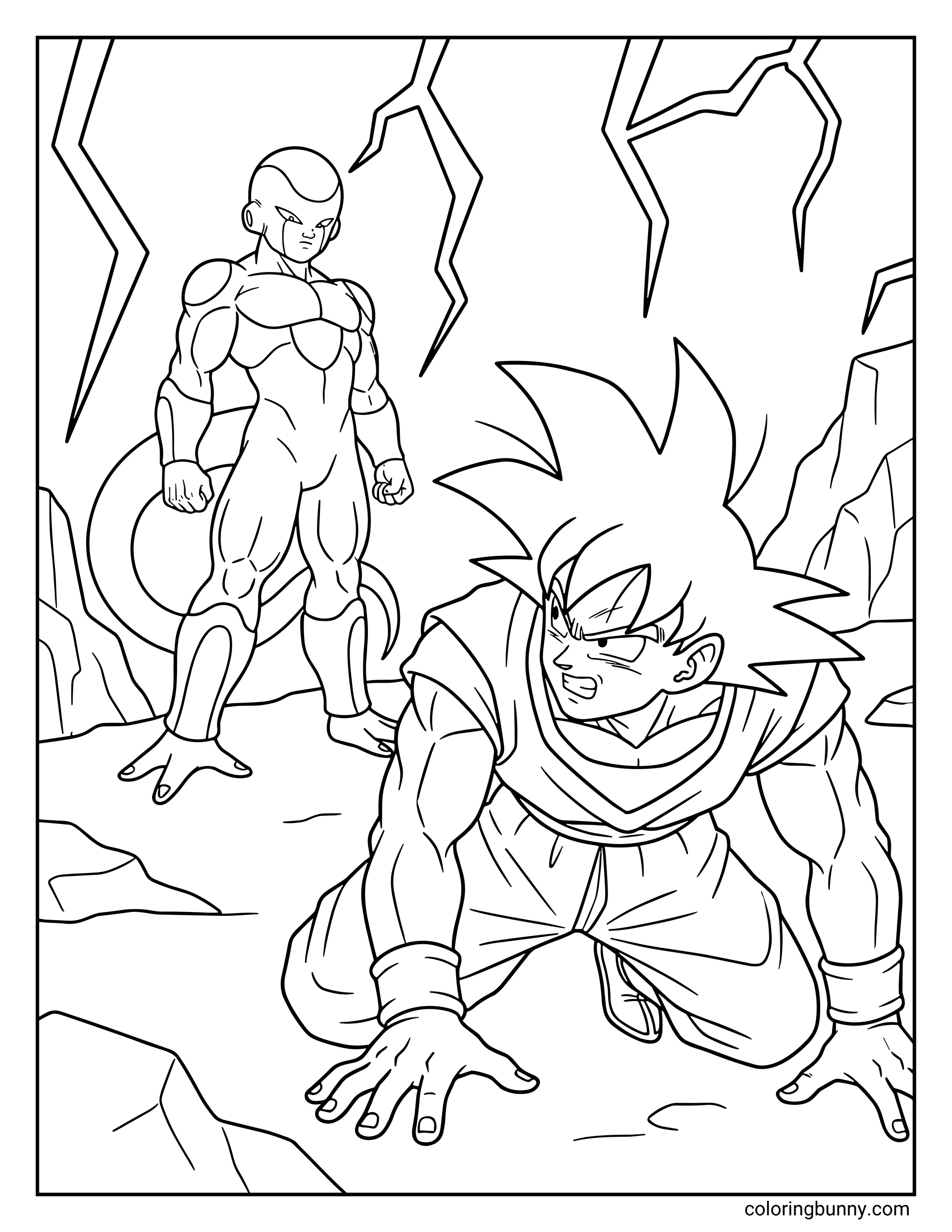 A Dragon Ball Z coloring page featuring Goku facing Frieza on Planet Namek. Goku crouches on the rocky battlefield while Frieza stands behind him, surrounded by jagged cliffs and lightning as their legendary battle begins.