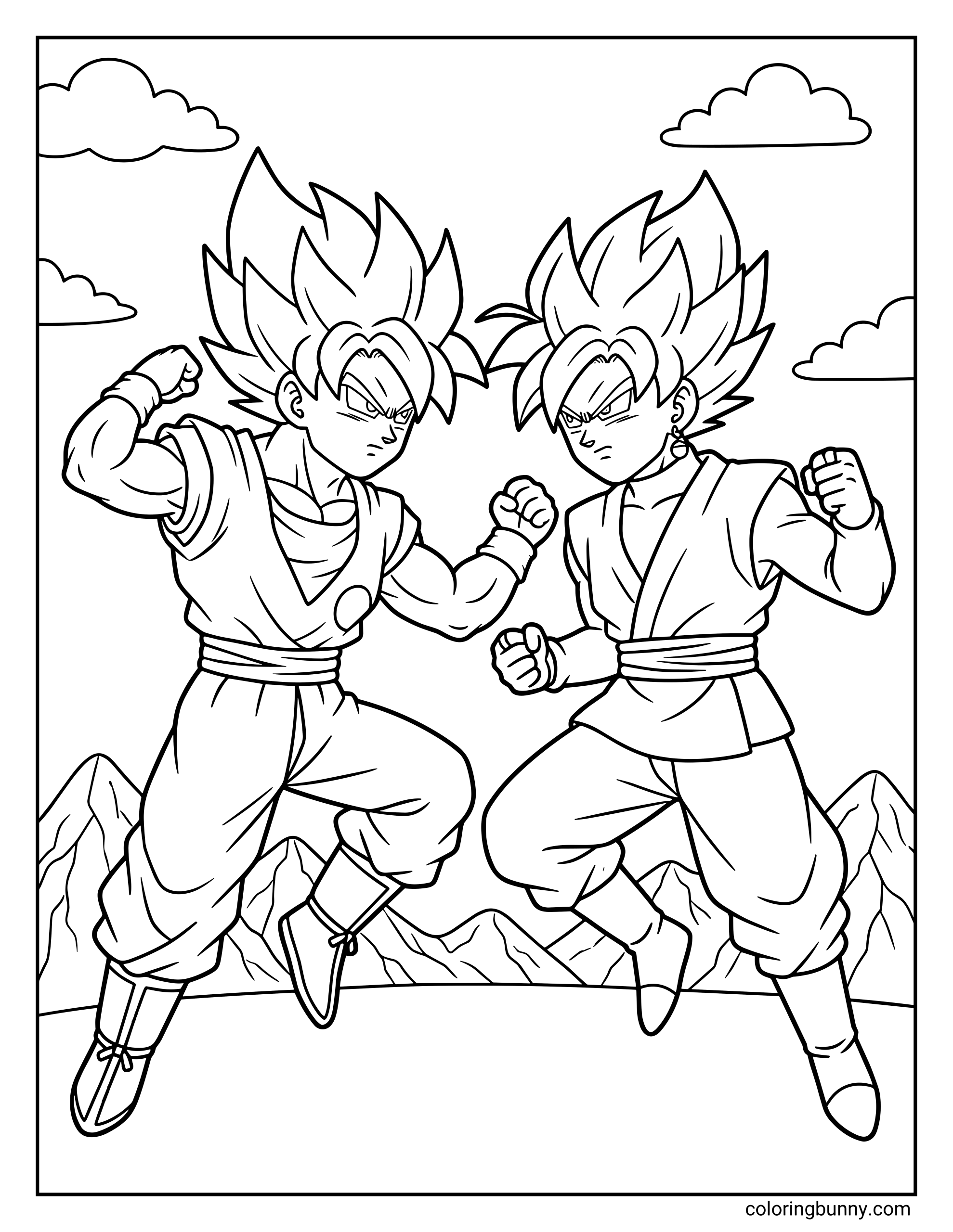 A Dragon Ball Super coloring page showing Goku facing off against Goku Black as both fighters hover in the air with fists raised. The two identical Saiyan warriors glare at each other with intense determination, capturing the moment before their powerful clash across timelines.