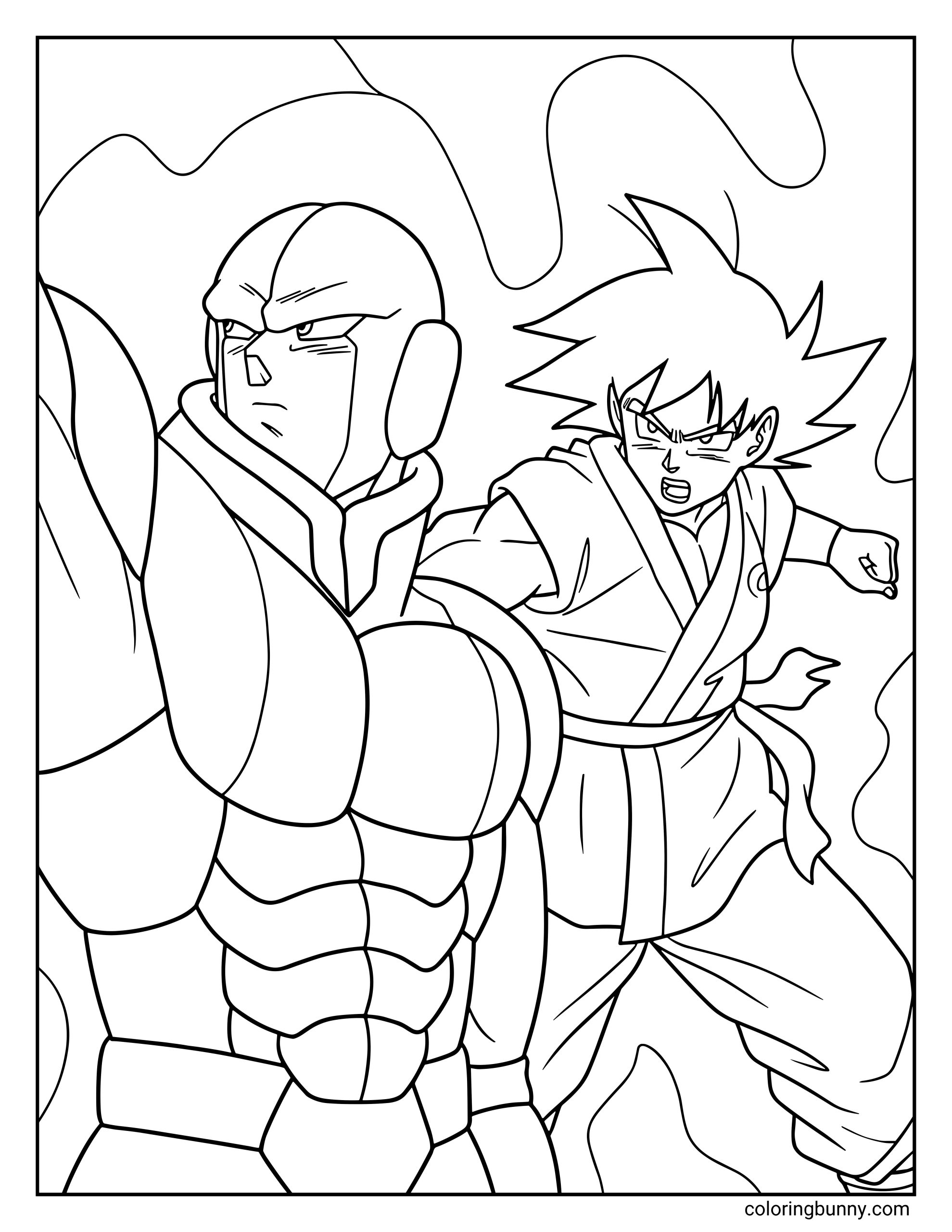 A Dragon Ball Super coloring page featuring Goku throwing a punch at Hit, the legendary assassin from Universe 6, during their intense battle. Hit stands calm and focused with his armored coat and powerful stance as Goku attacks, capturing a dramatic moment from their tournament fight.