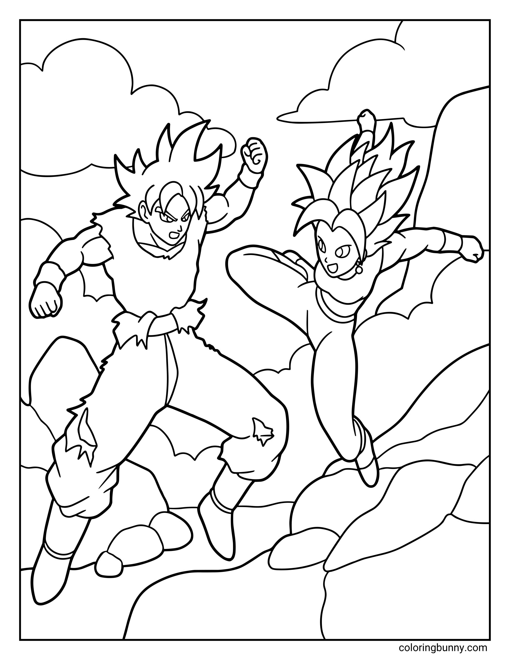 A Dragon Ball Super coloring page showing Goku battling Kefla as both fighters leap toward each other in mid-air above a rocky landscape. Goku raises his fist while Kefla charges forward with a powerful kick, capturing a fast-paced moment from their explosive Tournament of Power fight.