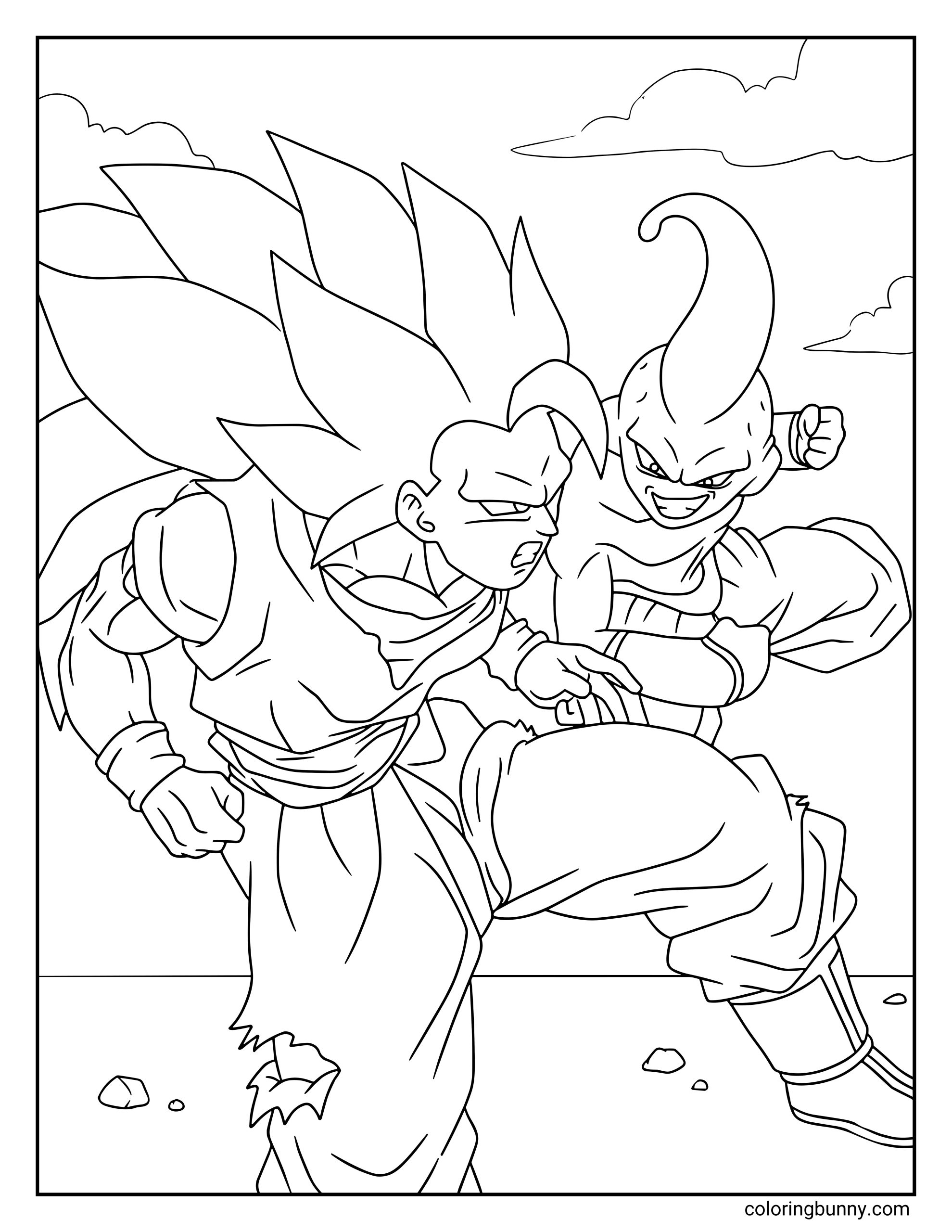 A Dragon Ball Z coloring page showing Goku fighting Kid Buu in a fast-paced battle, with Goku lunging forward as Kid Buu attacks from the side. Both fighters have fierce expressions as they clash during the final showdown, with torn clothing and scattered rocks hinting at the intensity of the fight.