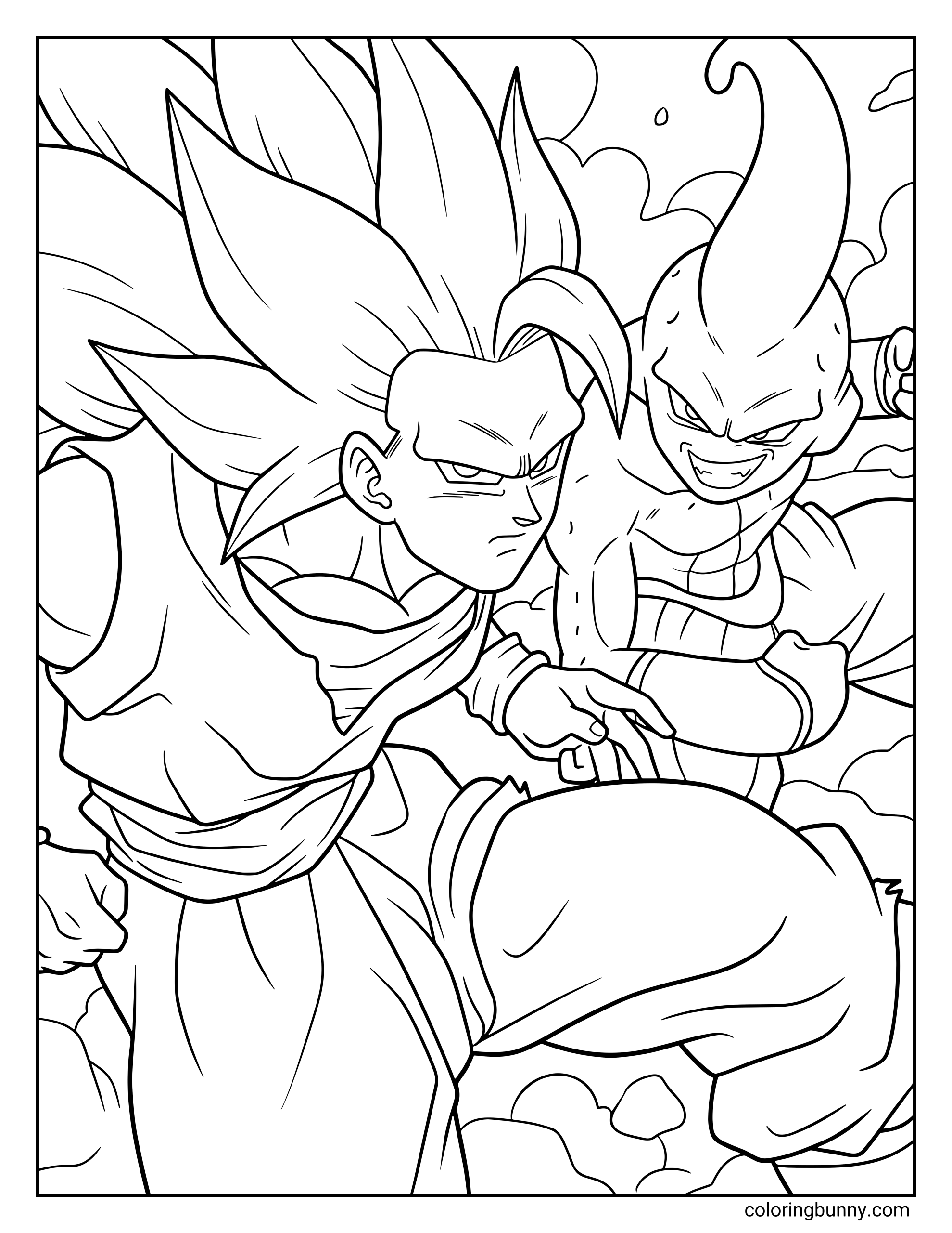 A Dragon Ball Z coloring page featuring Goku battling Majin Buu in an intense fight. Goku charges forward with a powerful strike while the mischievous villain Majin Buu prepares to counter during their chaotic showdown.
