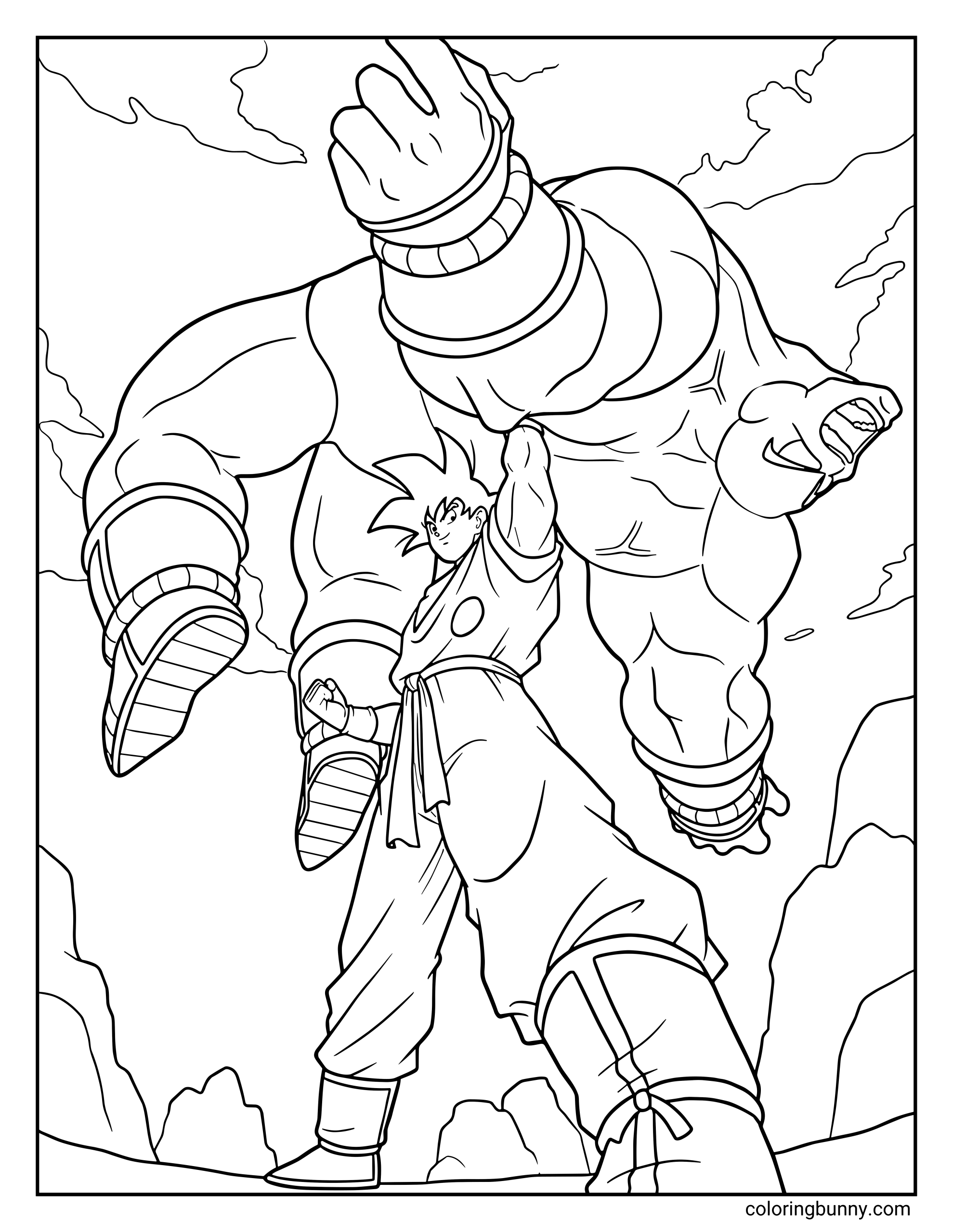 A Dragon Ball Z coloring page featuring Goku lifting the powerful Saiyan warrior Nappa high into the air with one arm during their battle. Nappa struggles above him while rocky cliffs and clouds surround the scene, showing the moment when Goku easily overpowers the massive villain.