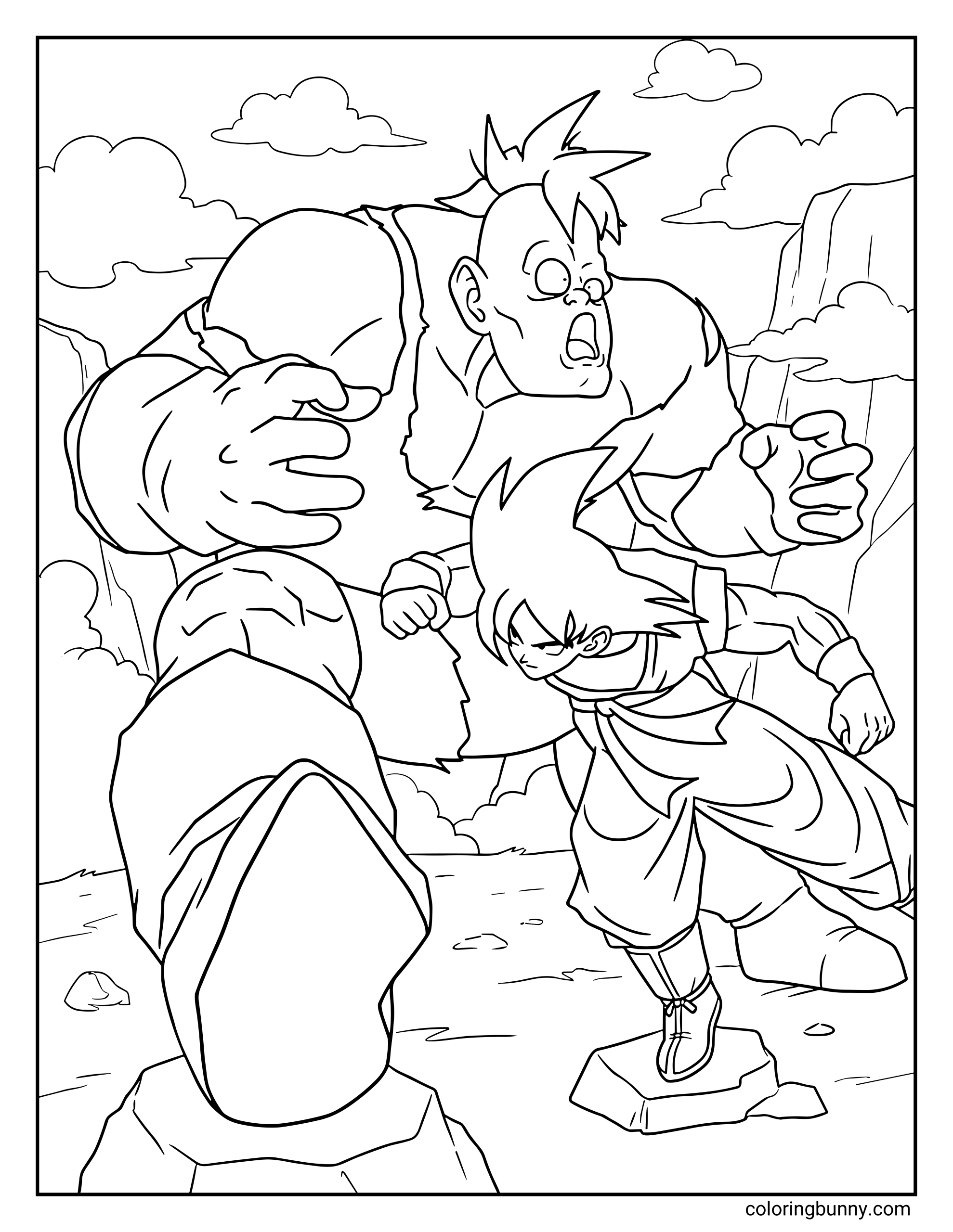 A Dragon Ball Z coloring page showing Goku charging toward the towering Recoome of the Ginyu Force during their battle on Planet Namek. Recoome looms in the background with a shocked expression as Goku rushes forward, ready to strike with incredible speed and strength.