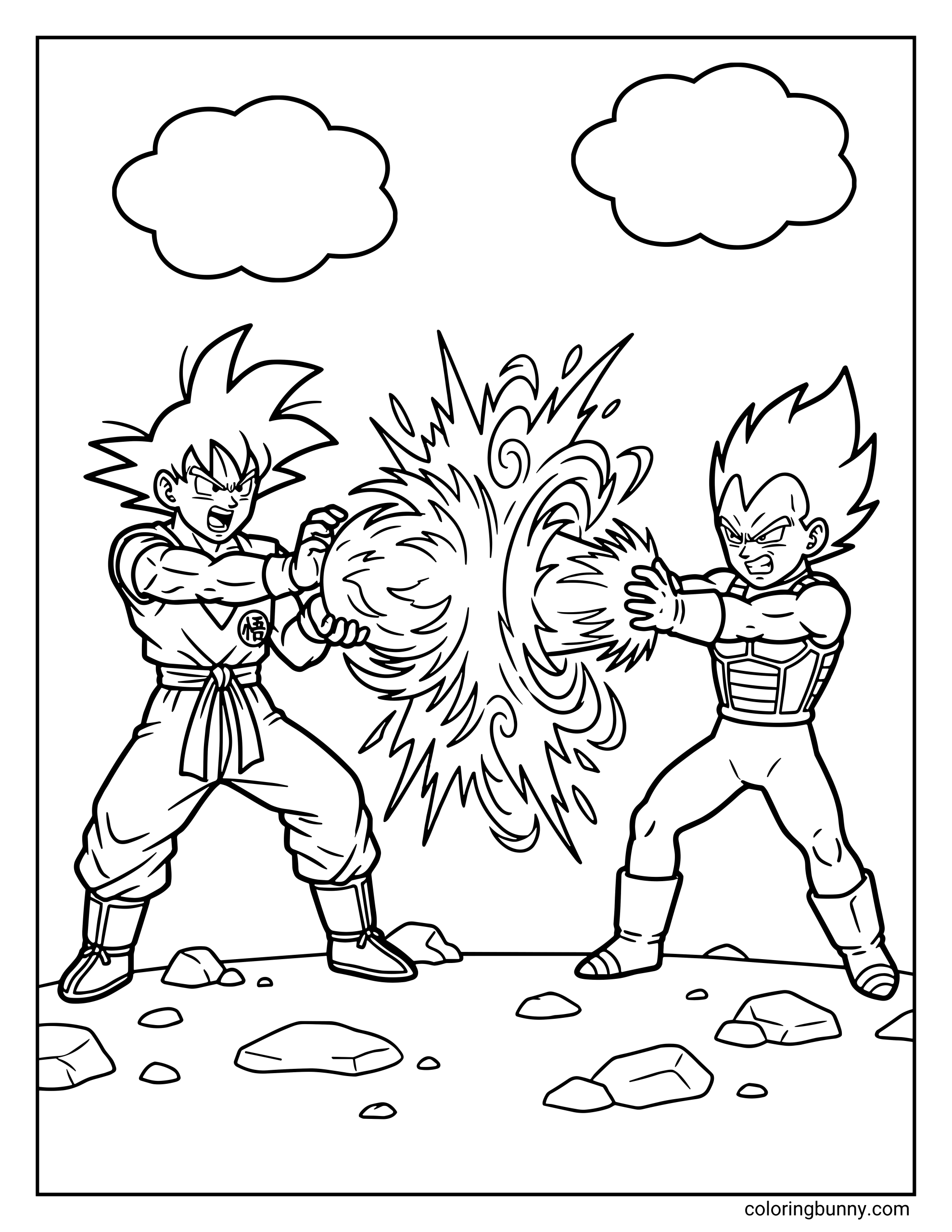 A Dragon Ball Z coloring page showing Goku and Vegeta locked in an intense beam clash, each firing powerful energy blasts that collide in the center with a huge burst of energy. The two Saiyan rivals stand on rocky ground with determined expressions as their attacks push against each other in one of their legendary battles.