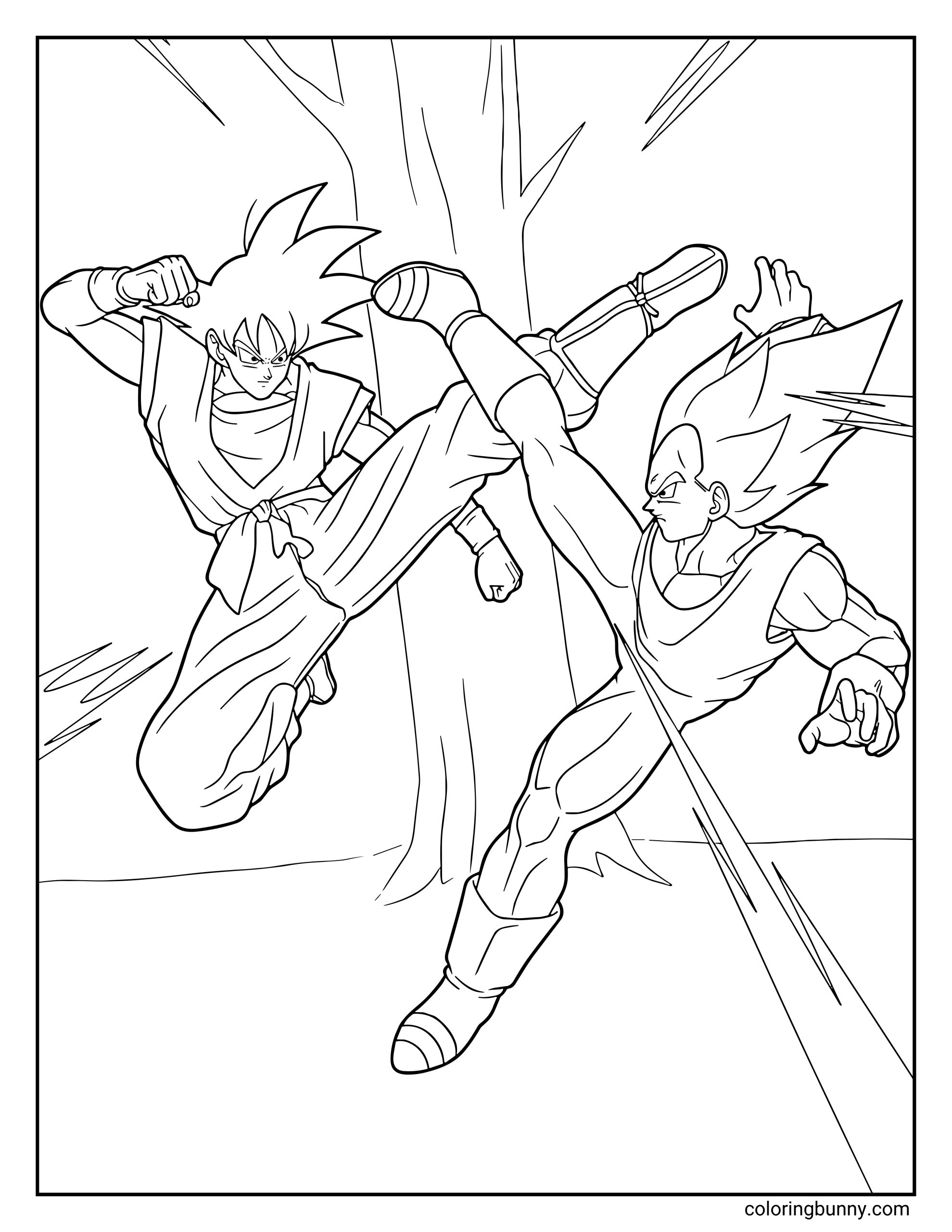 A Dragon Ball Z coloring page featuring Goku and Vegeta clashing mid-air as they exchange powerful kicks during an intense Saiyan battle. Both warriors strike at the same moment, capturing the speed and power of their legendary rivalry.