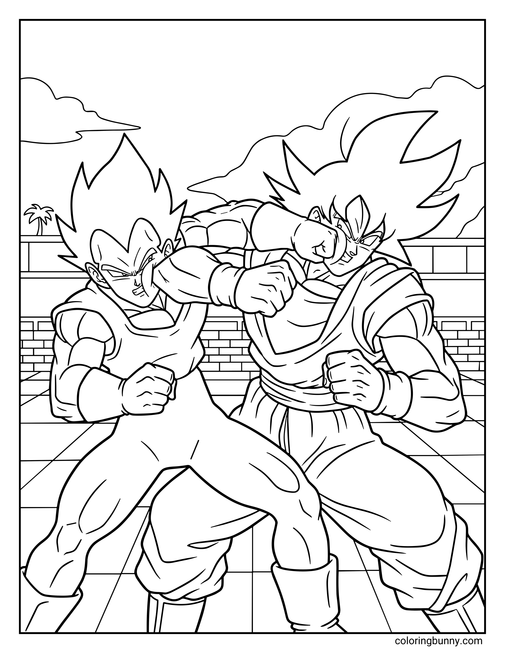 A Dragon Ball Z coloring page featuring Goku and Vegeta trading punches during an intense battle. The two Saiyan rivals clash in a powerful close-range fight as their fists collide on a rocky battlefield.