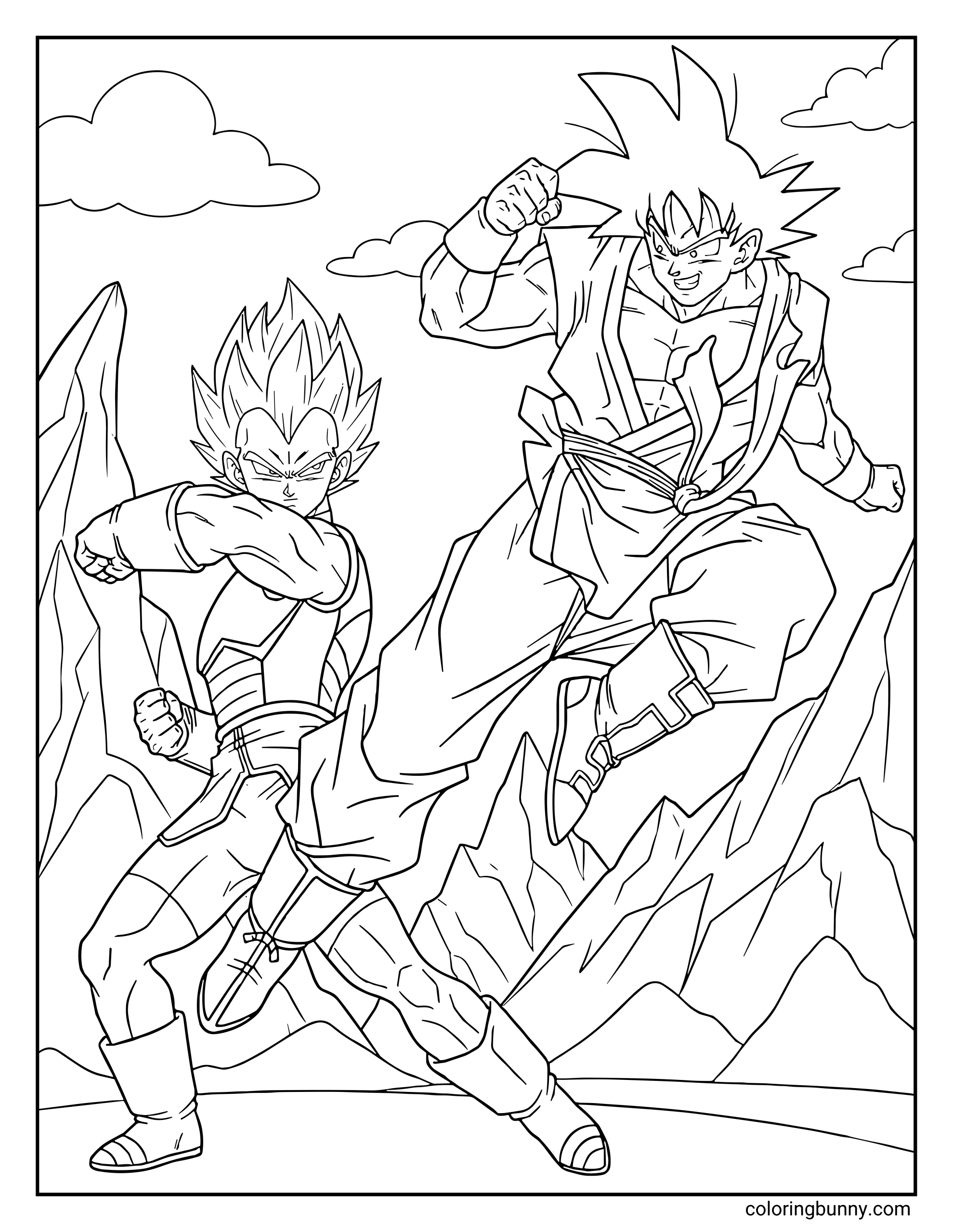 A Dragon Ball Z coloring page featuring Goku and Vegeta clashing in an intense battle among rocky mountains. Goku leaps forward with a powerful kick while Vegeta braces to strike back, capturing the fierce rivalry between the two Saiyan warriors.