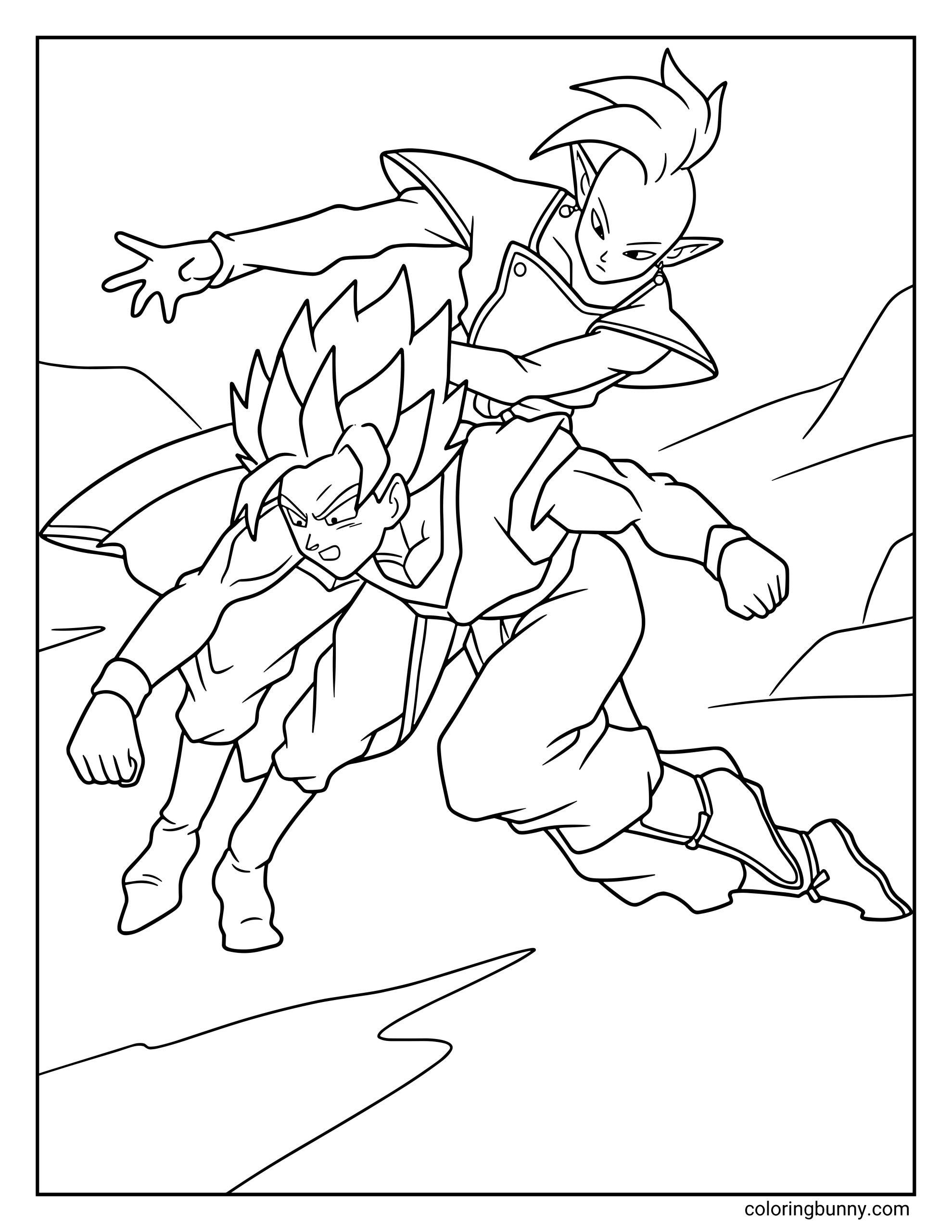A Dragon Ball Super coloring page featuring Goku battling Zamasu as the two clash in mid-air above a rocky landscape. Zamasu swings down with a powerful strike while Goku braces himself to counter, capturing a dramatic moment from their intense fight across time and universes.