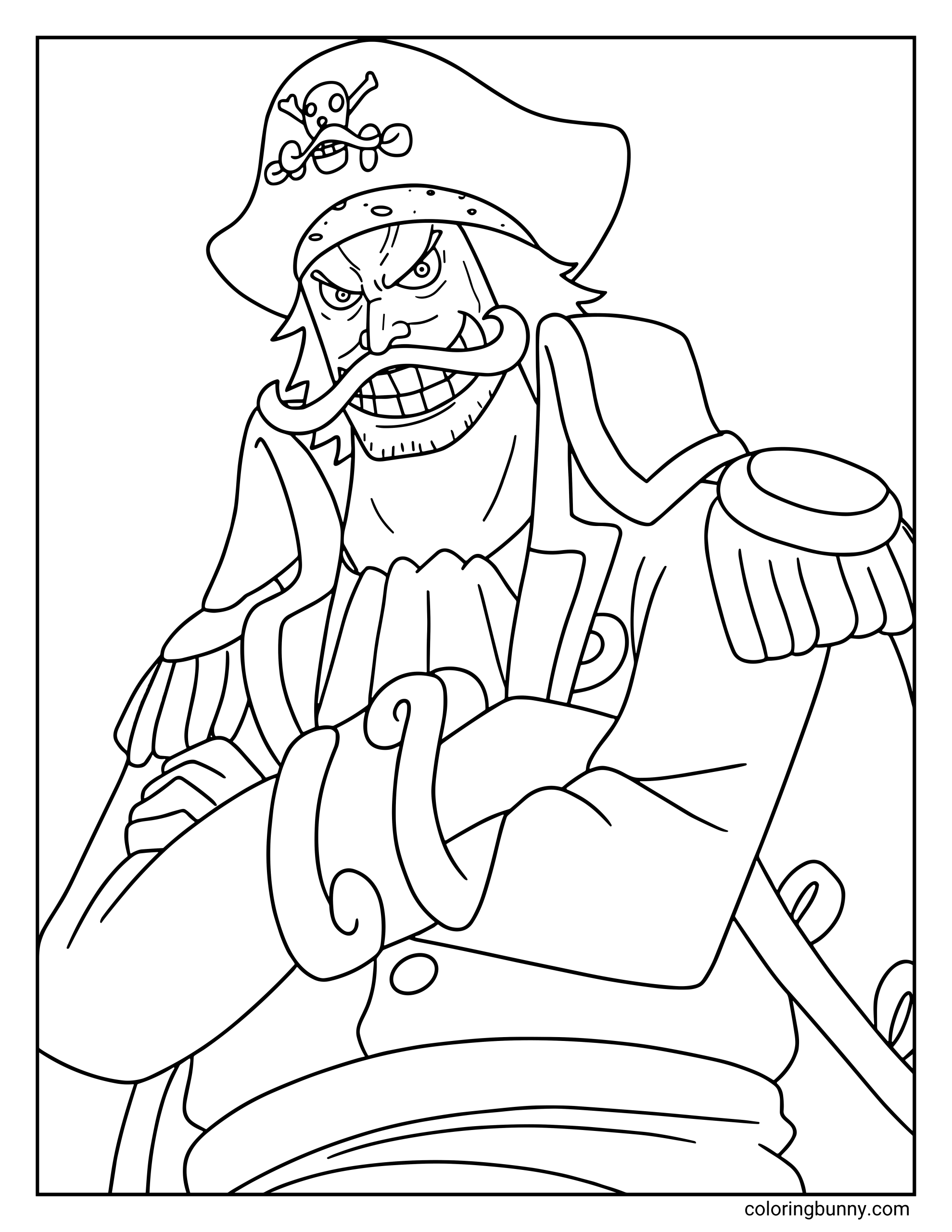 A Gol D. Roger One Piece coloring page showing the legendary Pirate King with his iconic curled mustache, pirate hat with skull emblem, and captain’s coat. Roger stands confidently with a fierce grin, embodying the powerful presence of the greatest pirate of the Grand Line.