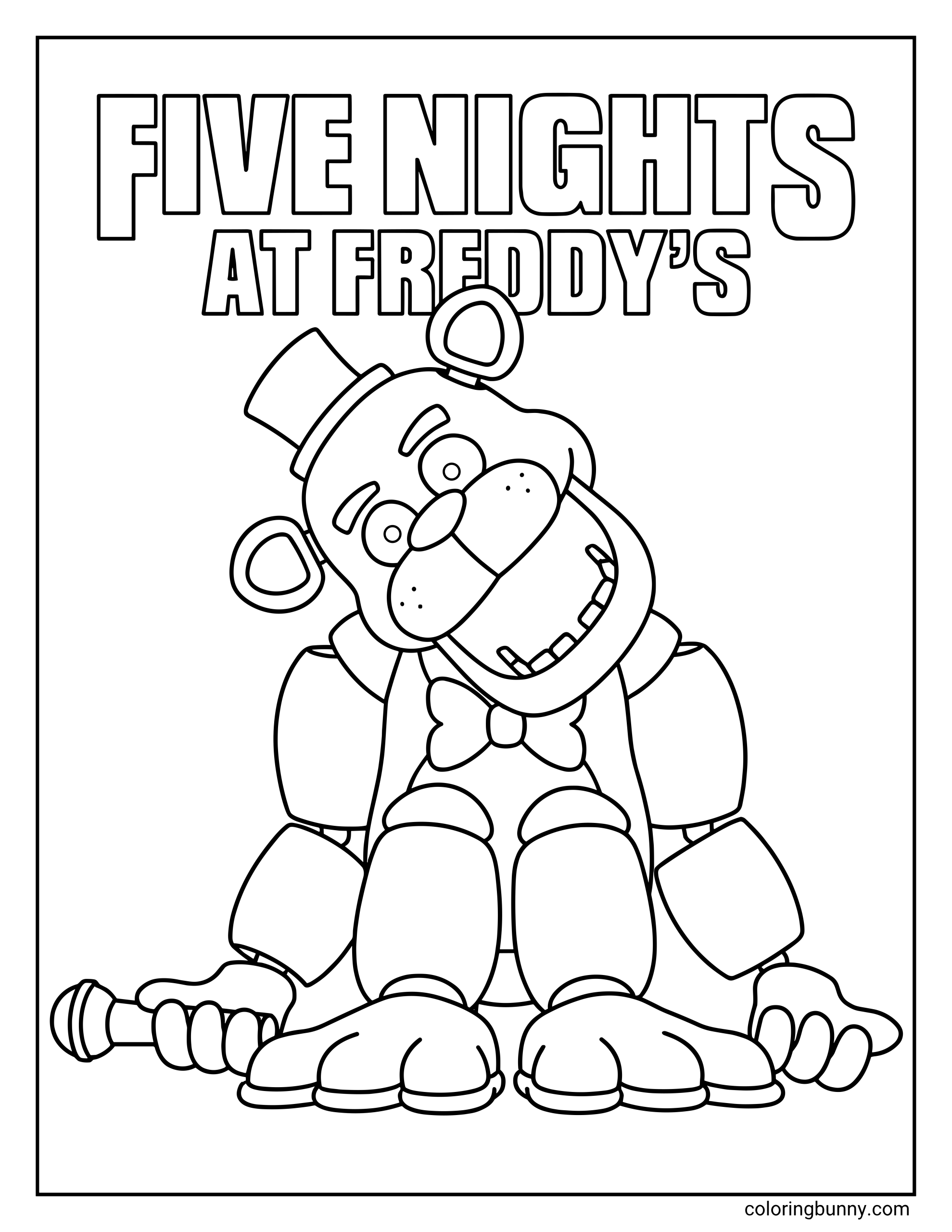 Five Nights at Freddy's coloring page featuring Golden Freddy sitting with a tilted head, wearing a top hat and bow tie next to his microphone, with 'FIVE NIGHTS AT FREDDY'S' text.