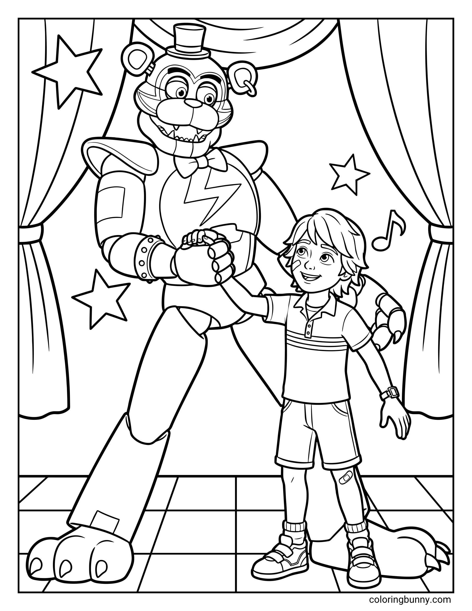 FNAF Security Breach coloring page featuring Glamrock Freddy holding hands with Gregory on a tiled stage, next to curtains, floating stars, and a music note.