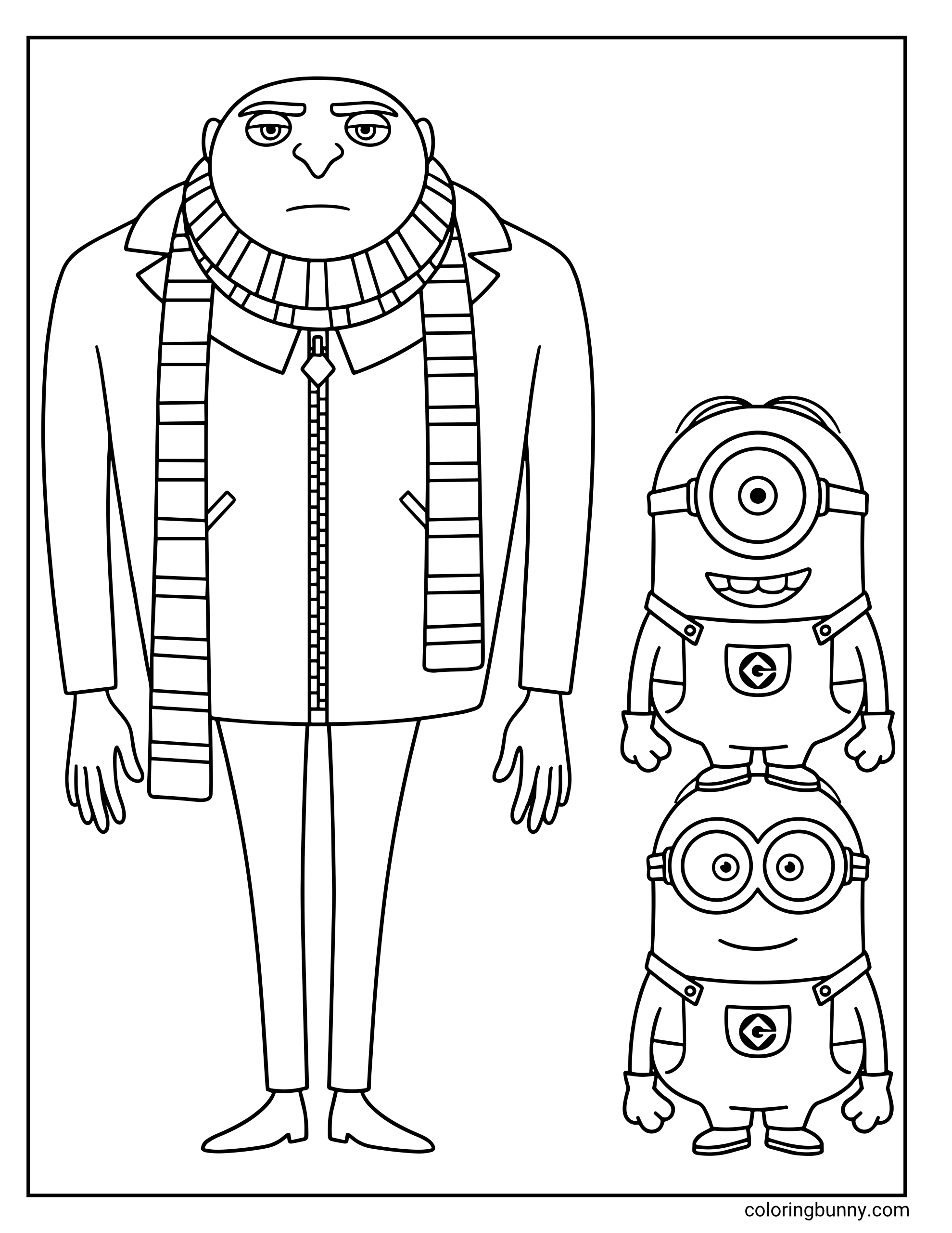 A Minions coloring page featuring Gru from Despicable Me standing beside Stuart and Bob, who are stacked one on top of the other. Gru stands tall with his scarf while the two Minions smile next to him in their overalls and goggles.