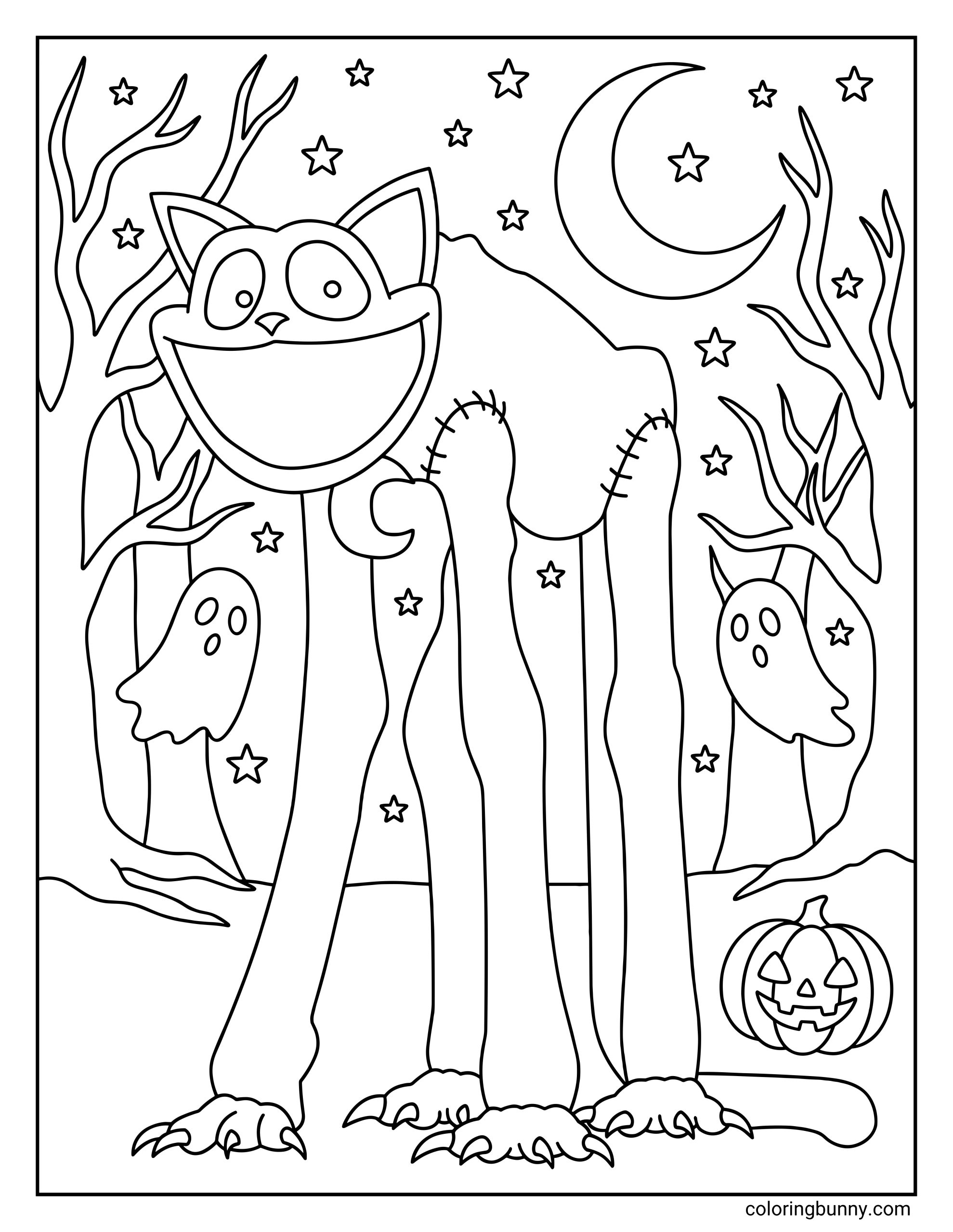 A simple Halloween coloring page of Monster CatNap from Poppy Playtime with long legs and stitched patches, standing in a haunted forest scene with ghosts and a crescent moon.