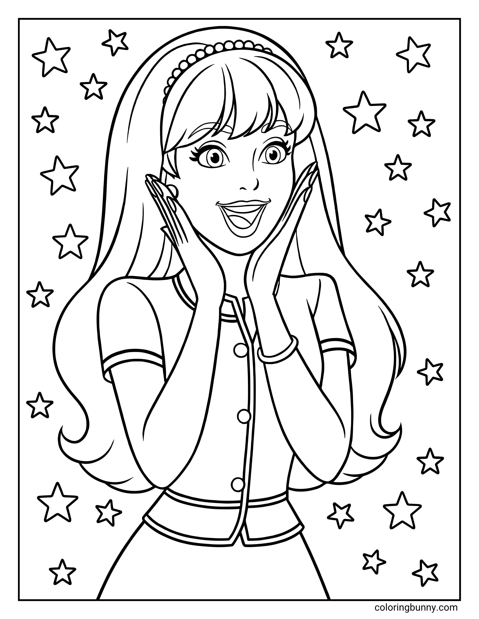 Simple Barbie coloring page for kids featuring a very excited girl with bangs and a headband smiling widely among a background of simple five-pointed stars.