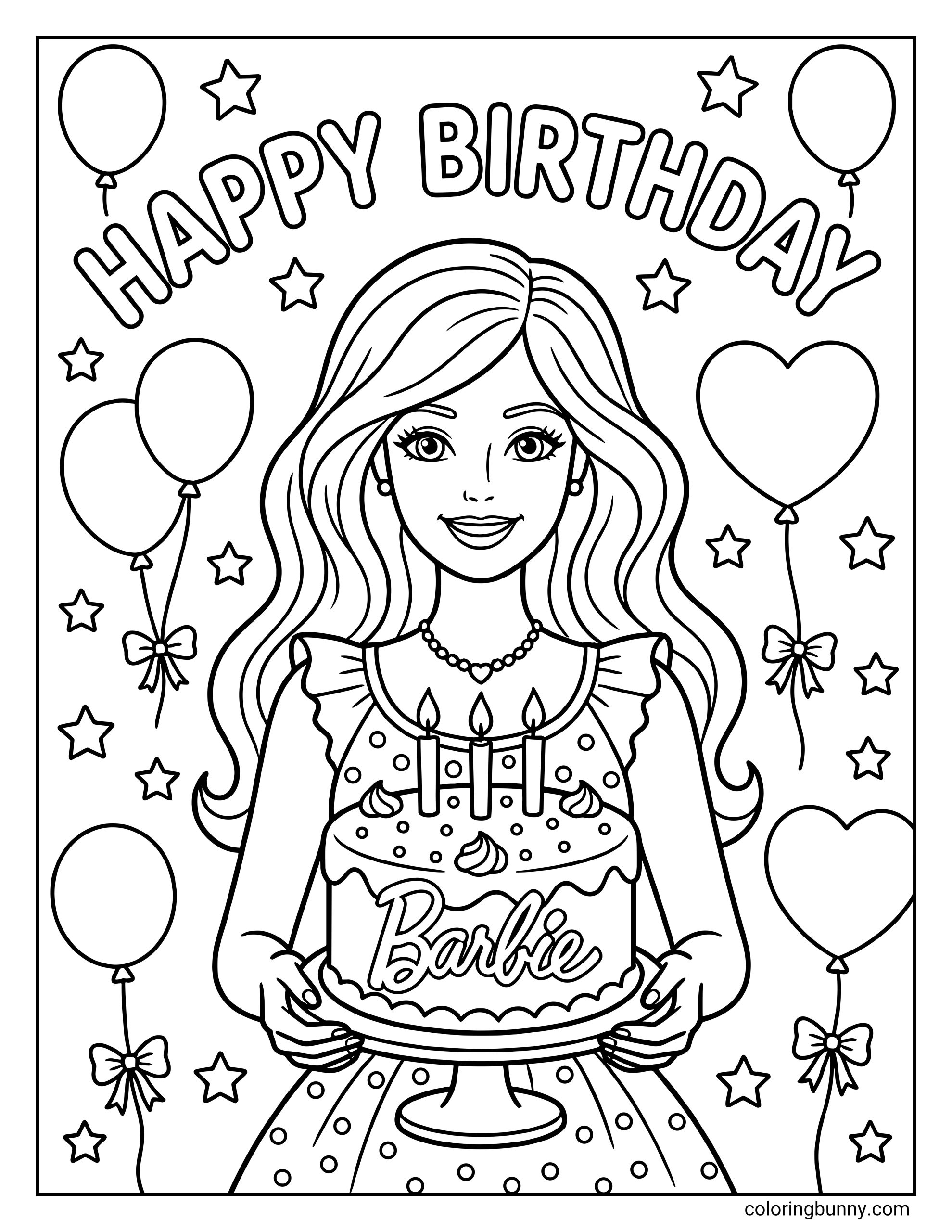 Happy Birthday Barbie coloring page for kids featuring a portrait of the doll holding a cake with a Barbie logo and candles, set against a background of festive balloons.