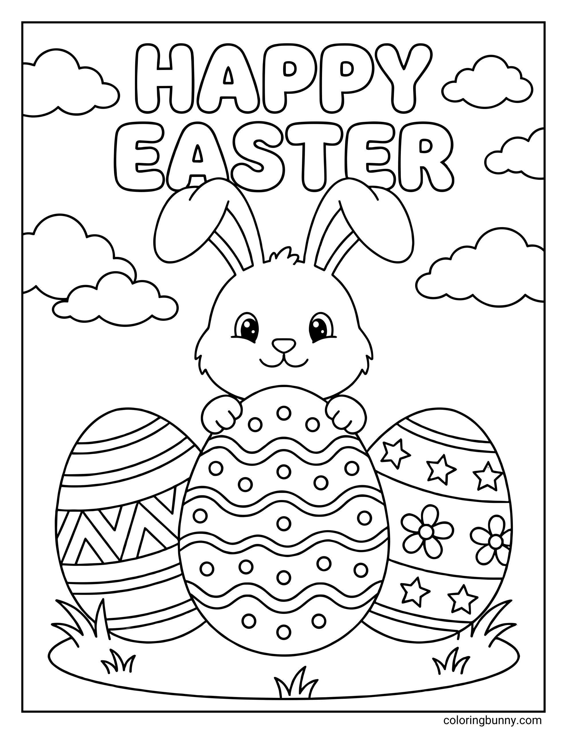 Coloring sheet of an Easter bunny peeking over a large decorated egg with two eggs beside it and the words “Happy Easter” in the sky above.