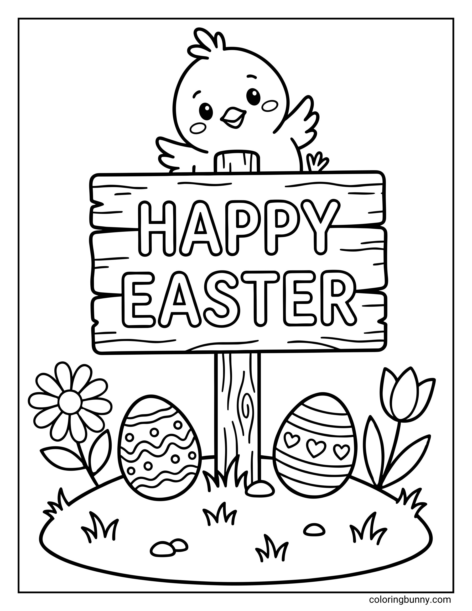 An Easter coloring page of a sweet little chick popping up from behind a wooden sign that reads Happy Easter, surrounded by pretty spring flowers and patterned eggs.