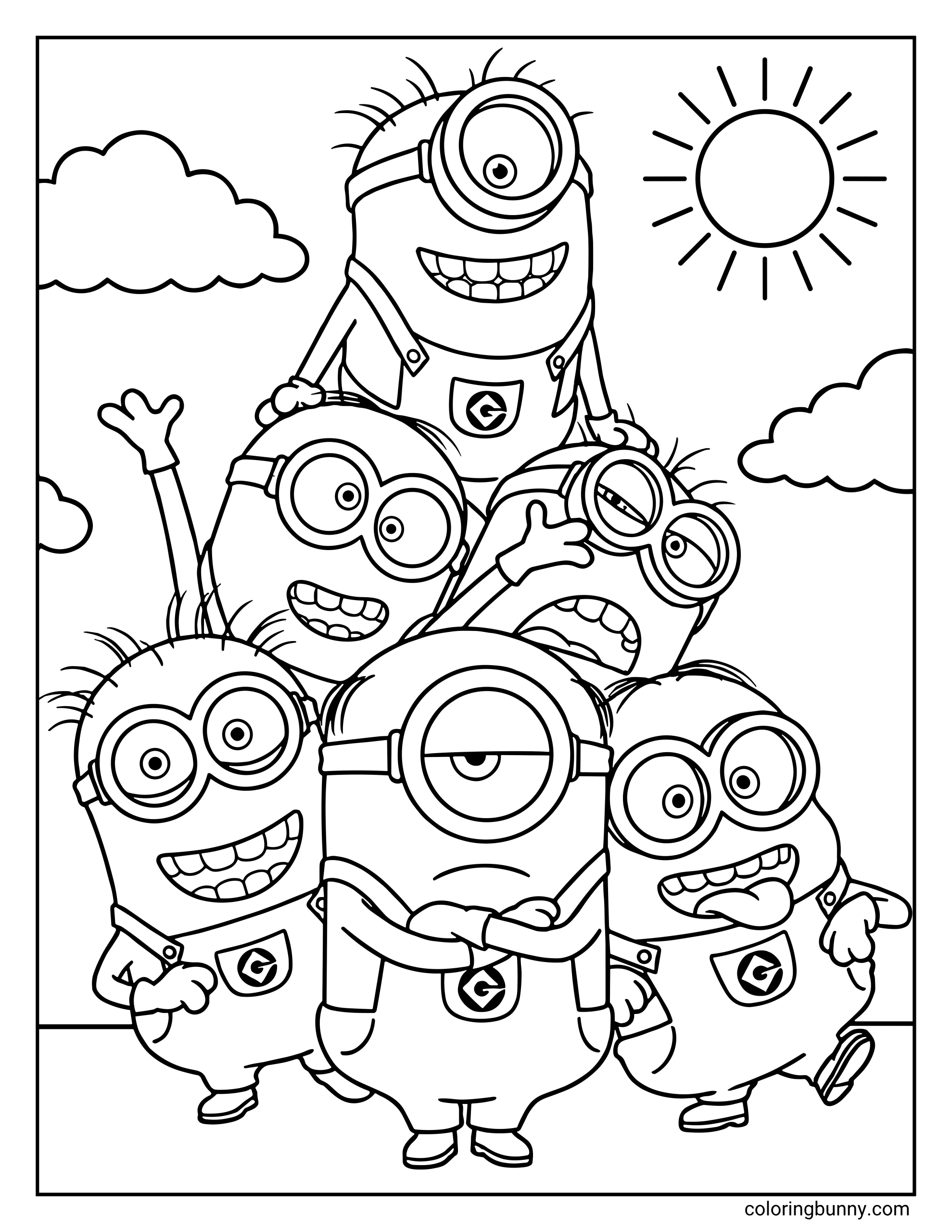 A Minions coloring page featuring a group of happy Minions from Despicable Me, smiling and posing together under a sunny sky with clouds. Kevin balances at the very top, while Stuart stands grumpy in the center, flanked by the laughing and silly faces of Bob, Jerry, Phil, and Dave as they all crowd together.