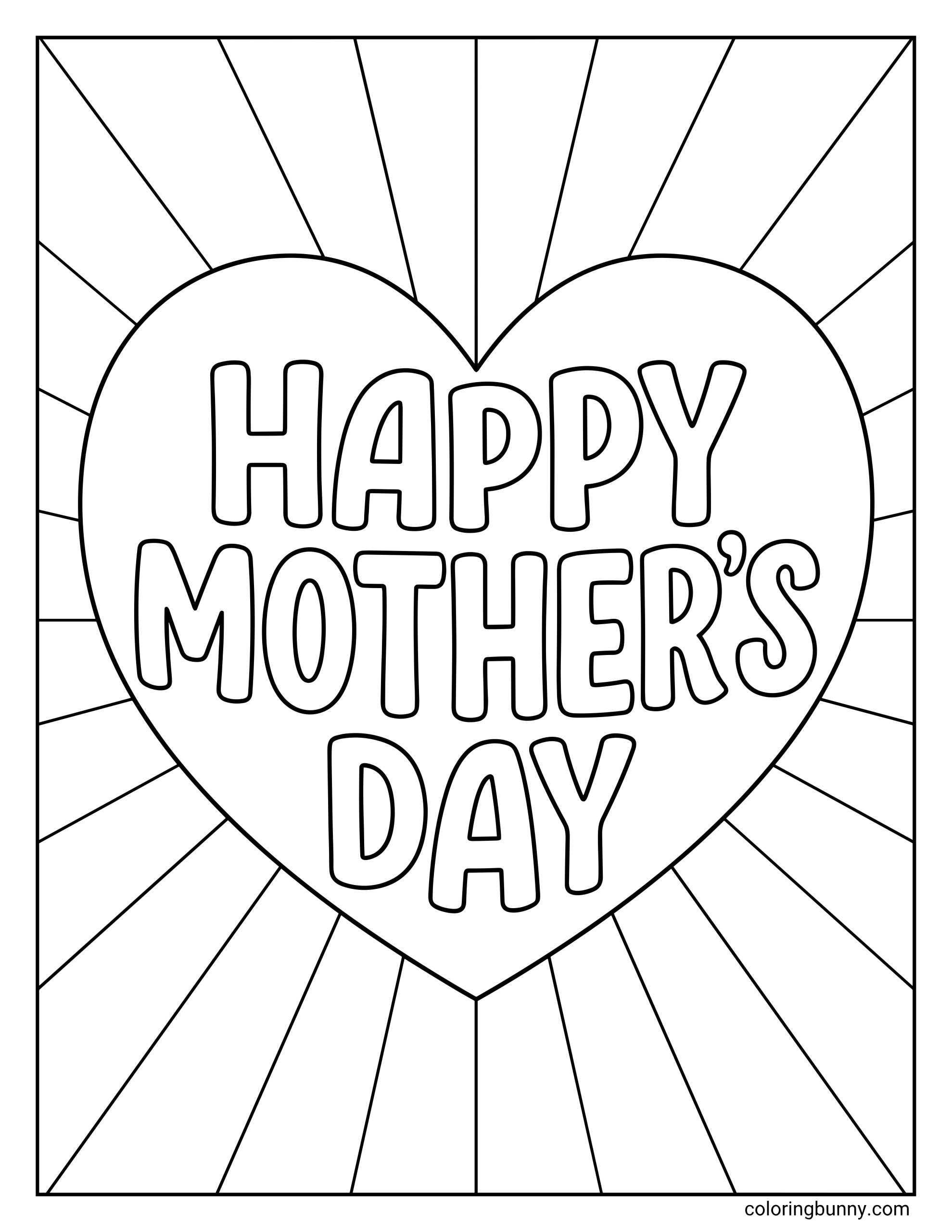 Happy Mother’s Day coloring page showing a large heart in the center with bold bubble letters inside and radiating lines spreading outward.