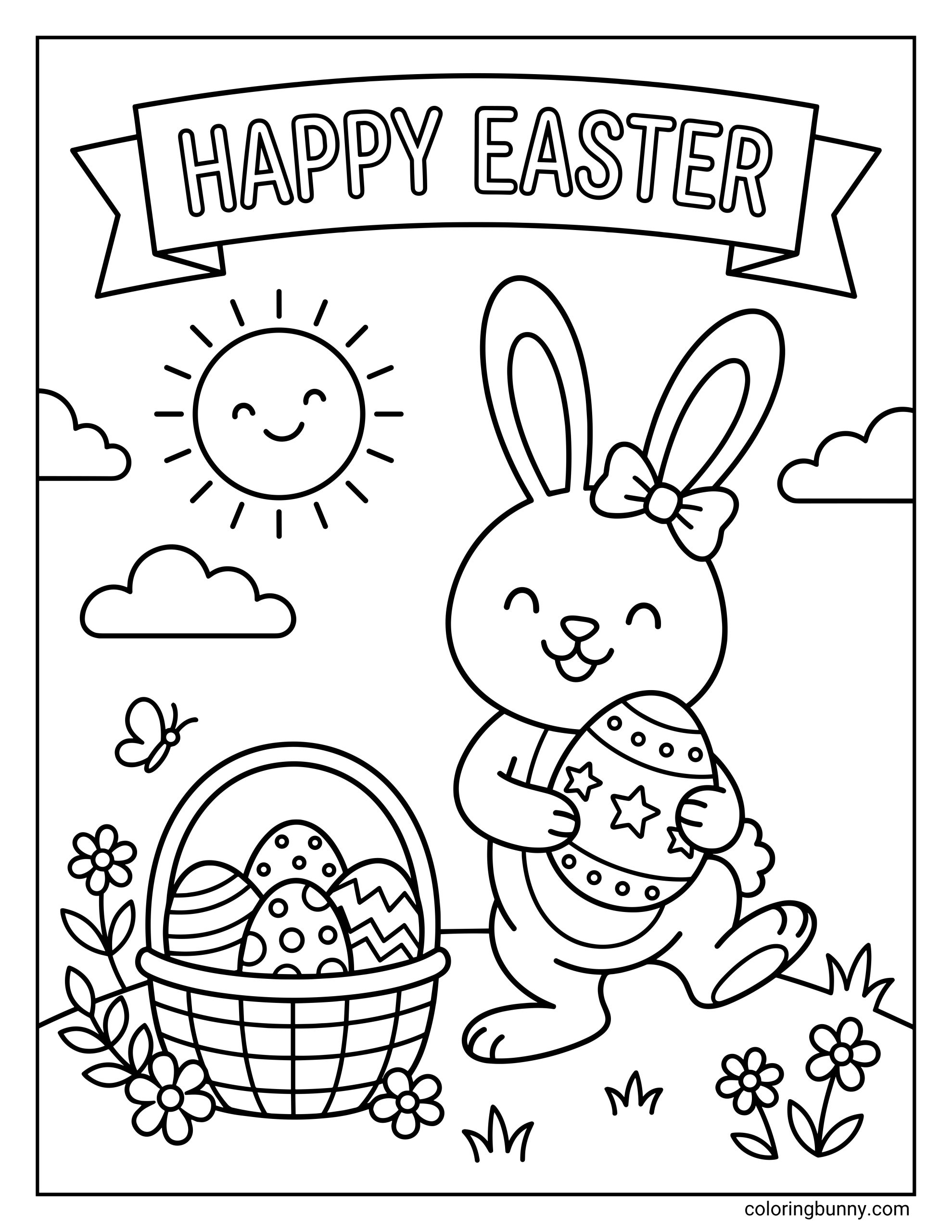 Simple Easter coloring page for kids featuring a cute bunny with a bow holding a star-patterned egg, a basket of eggs, and a 'Happy Easter' banner.