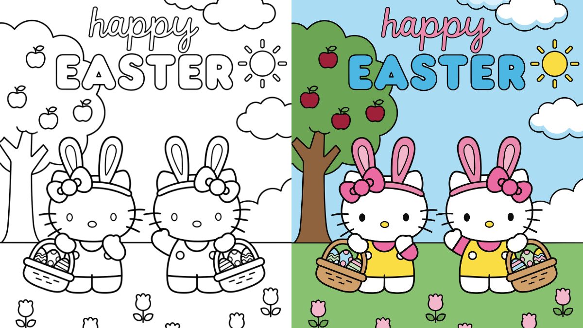 Hello Kitty Easter Coloring Pages with Easter Egg Baskets