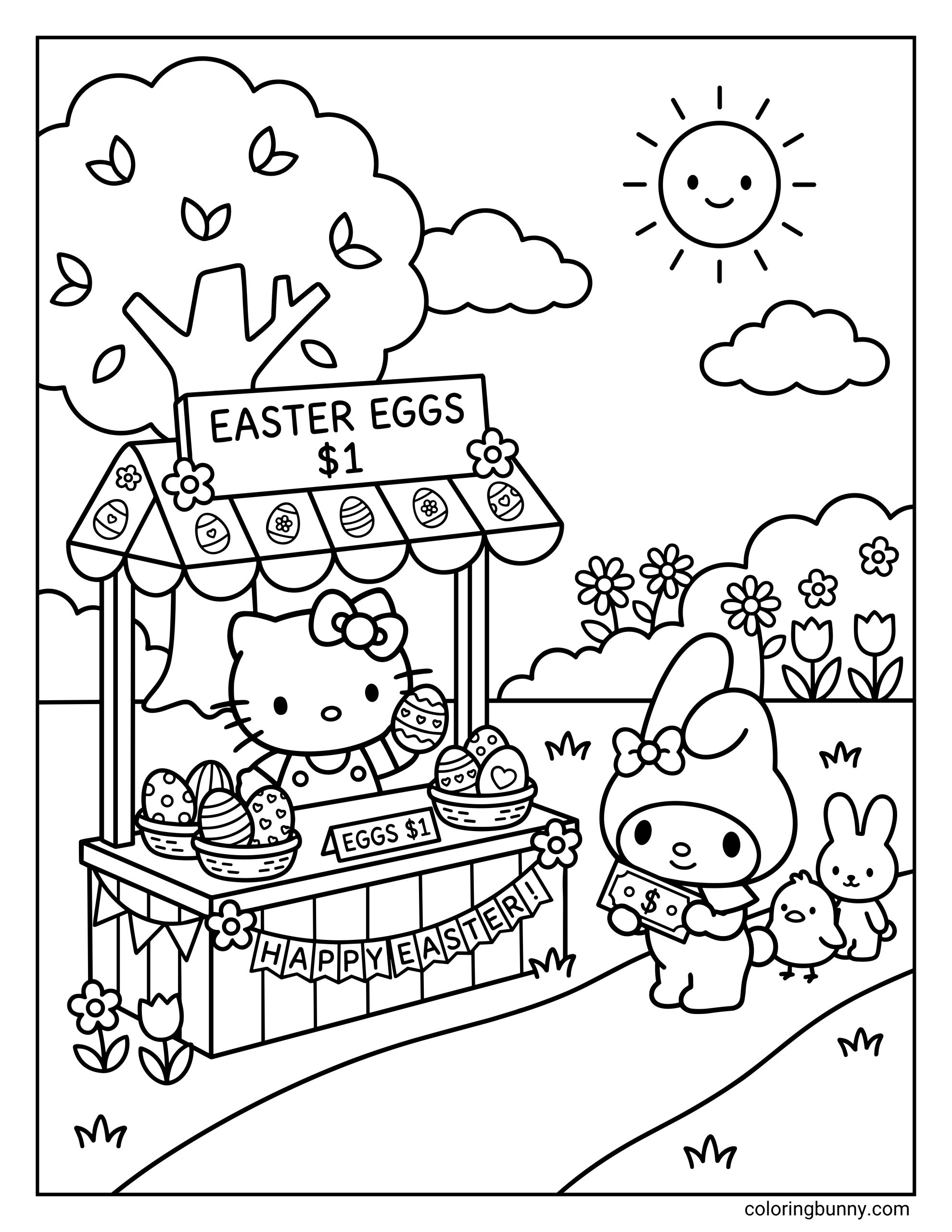 A coloring sheet of Hello Kitty selling Easter eggs from a market stand, with patterned eggs displayed in baskets, a large “Easter Eggs $1” sign at the top, a “Happy Easter!” banner on the stall, and My Melody waiting with cash in a cheerful spring scene.