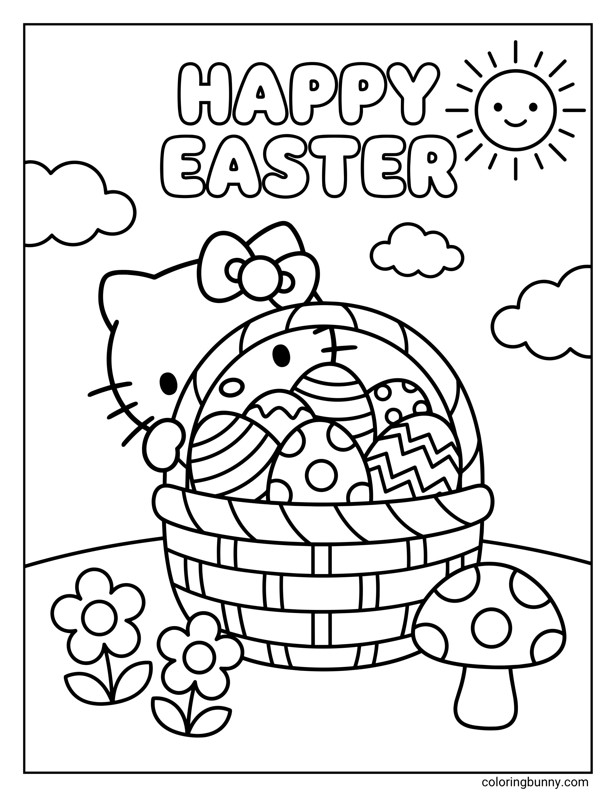 A simple coloring sheet of Hello Kitty for Easter, showing Hello Kitty with her signature bow peeking over a basket packed with striped, dotted, and zigzag Easter eggs, with flowers and a mushroom below in bold black outlines.