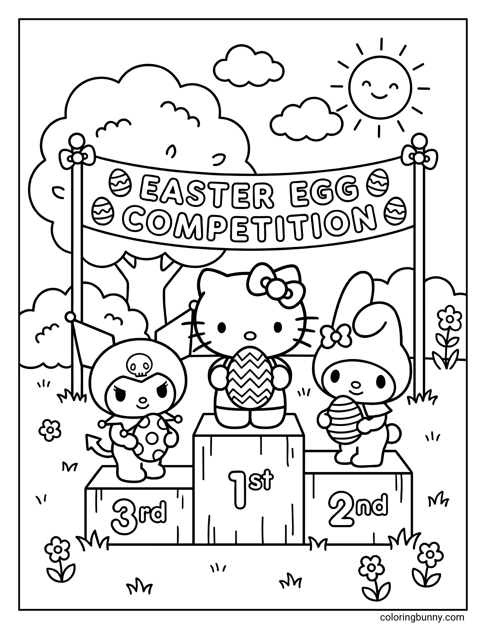 A coloring sheet of Hello Kitty winning first place in an Easter egg competition, standing on the center podium with My Melody in second and Kuromi in third beneath a banner that reads “Easter Egg Competition.”
