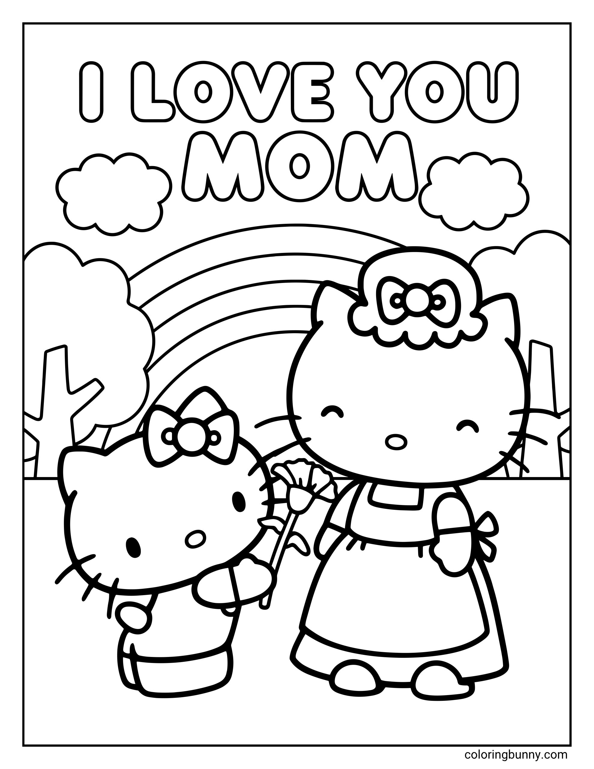 Easy Hello Kitty Mother's Day coloring page for kids featuring Hello Kitty and her mom standing under a rainbow and clouds with "I LOVE YOU MOM" banner text.