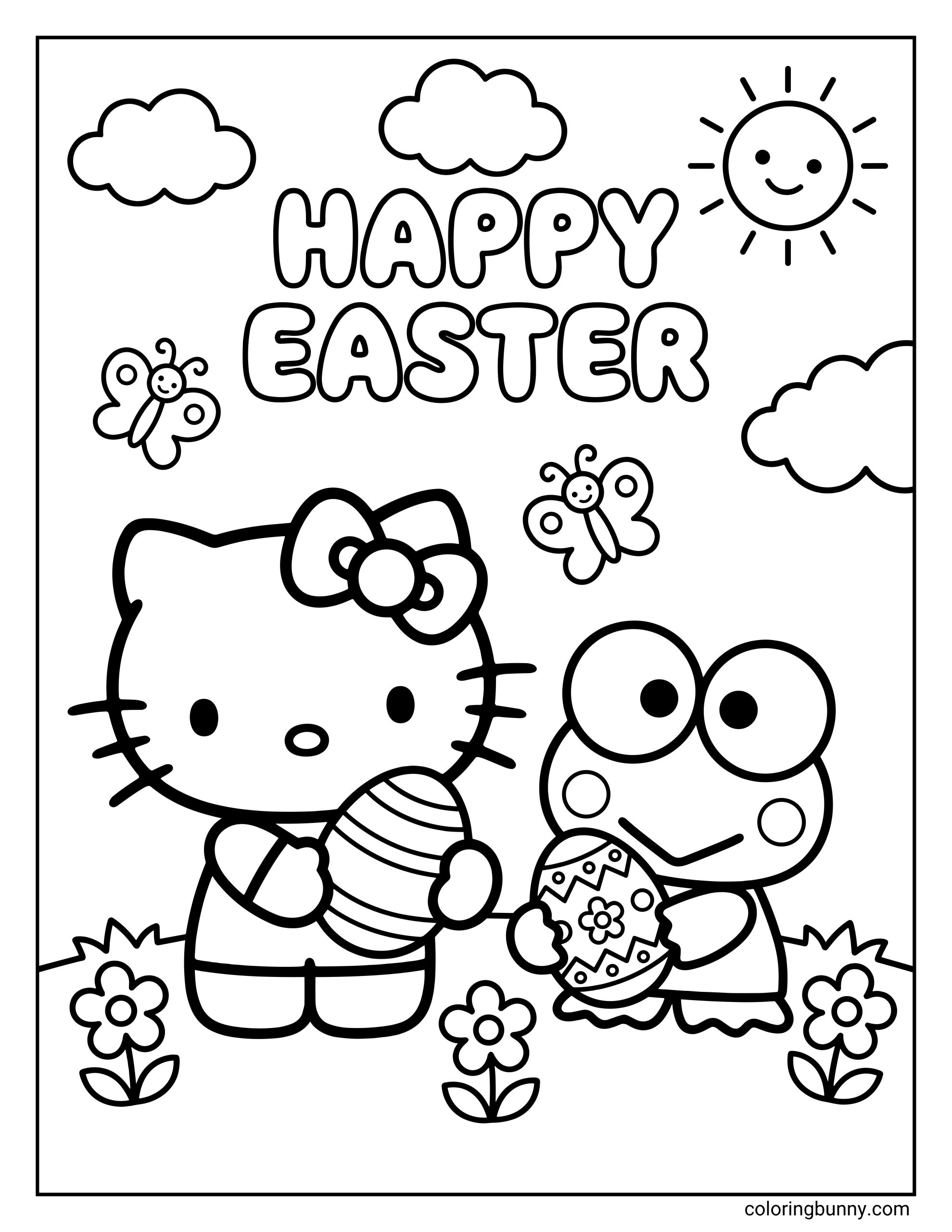 A Hello Kitty and Keroppi Easter coloring sheet of the two friends standing together with patterned eggs in their hands, under a big “Happy Easter” heading with butterflies, clouds, flowers, and grass in the design.