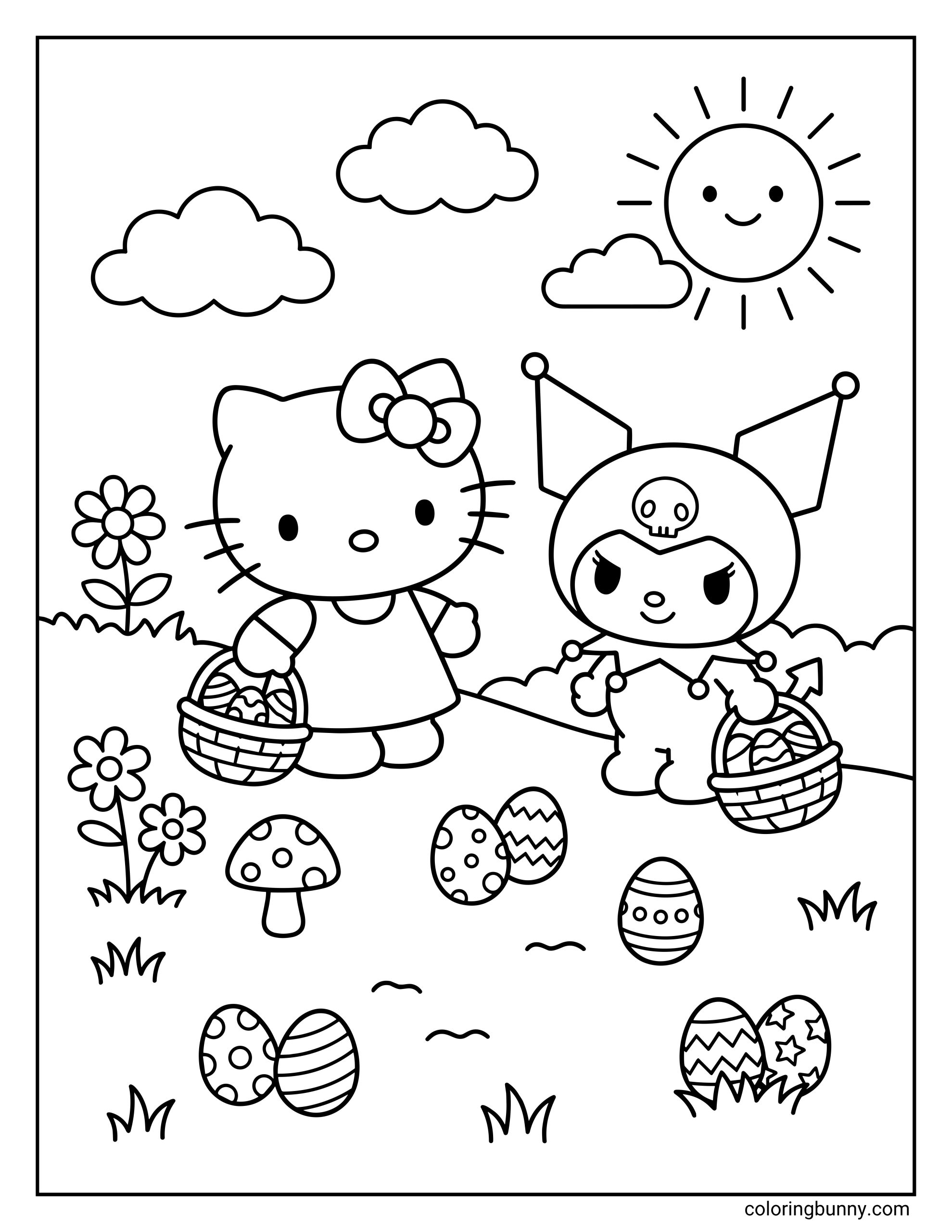 A Hello Kitty and Kuromi Easter coloring page featuring the two friends standing in a grassy field during an egg hunt, with decorated Easter eggs, flowers, a mushroom, fluffy clouds, and a smiling sun in the design.