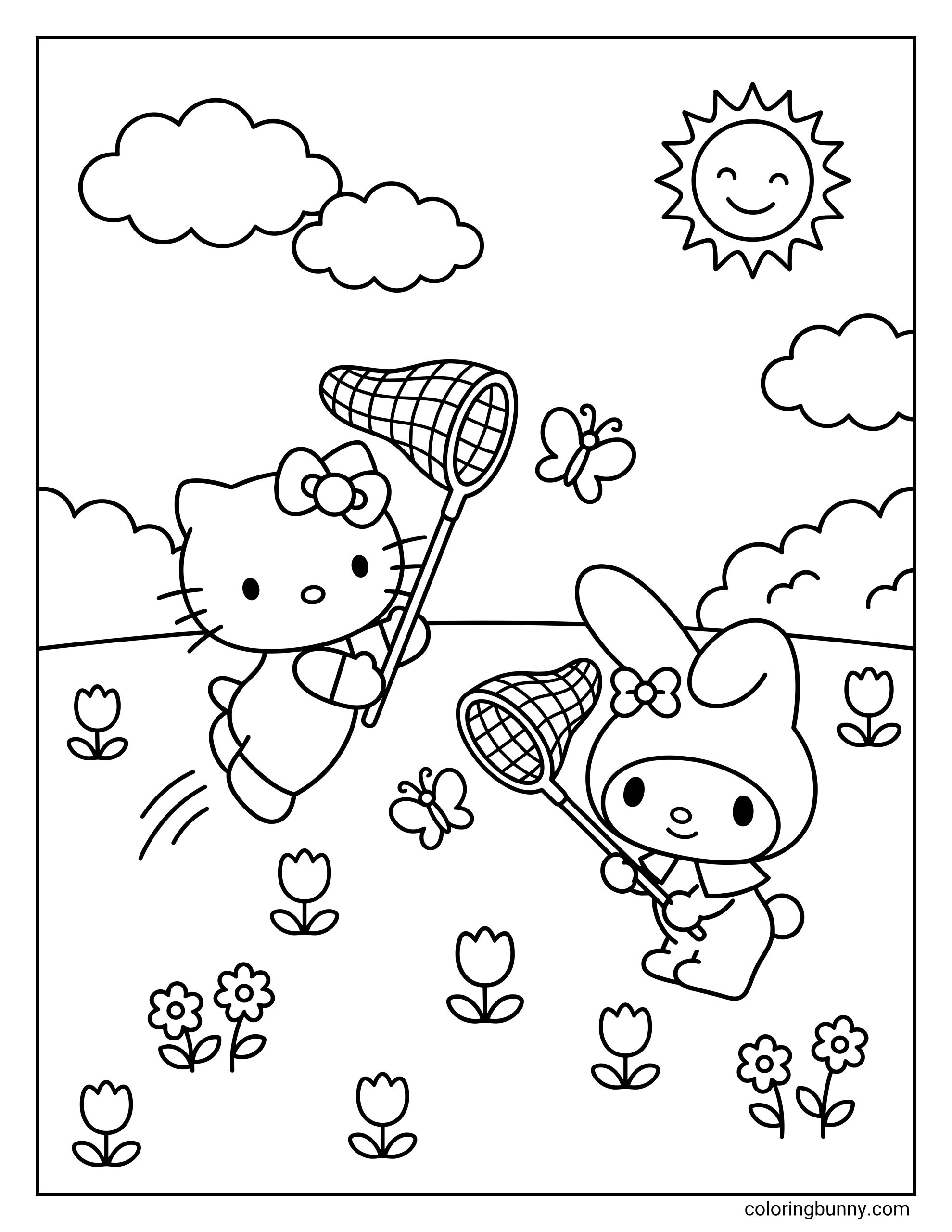 Simple Spring coloring page for kids of Hello Kitty and My Melody in a flower-filled meadow, with Hello Kitty leaping up to catch one of two butterflies while a happy sun with a face looks down from the sky.