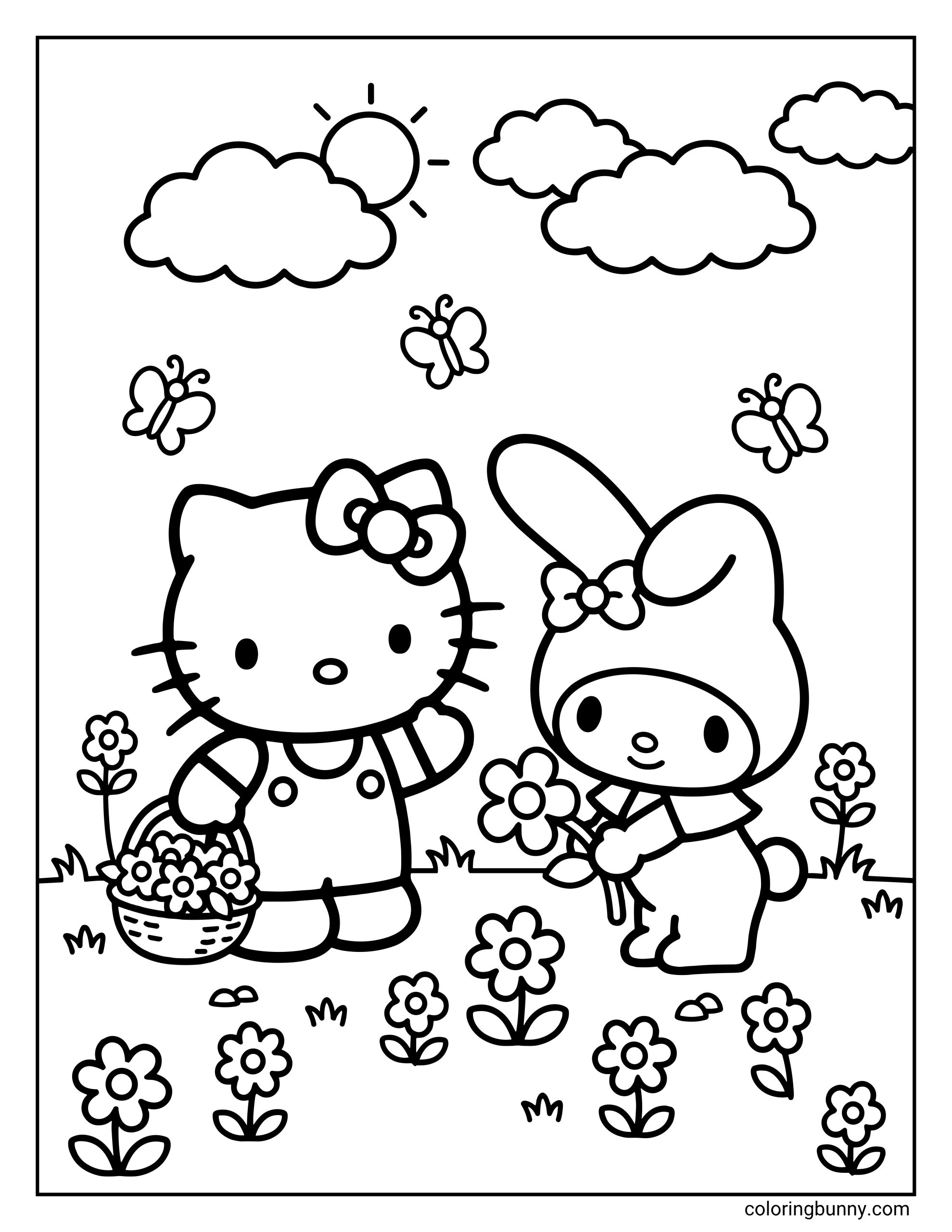 Spring coloring page featuring Hello Kitty holding a woven basket overflowing with flowers and My Melody holding a large plucked daisy, standing together in a field of blooming flowers with three butterflies, four clouds, and a bright sun.